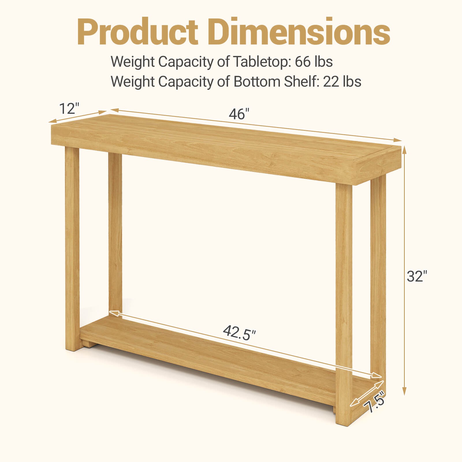 46”Solid Wood Console Table,2-Tier Narrow Farmhouse Sofa Table w/Teak Wood Frame
