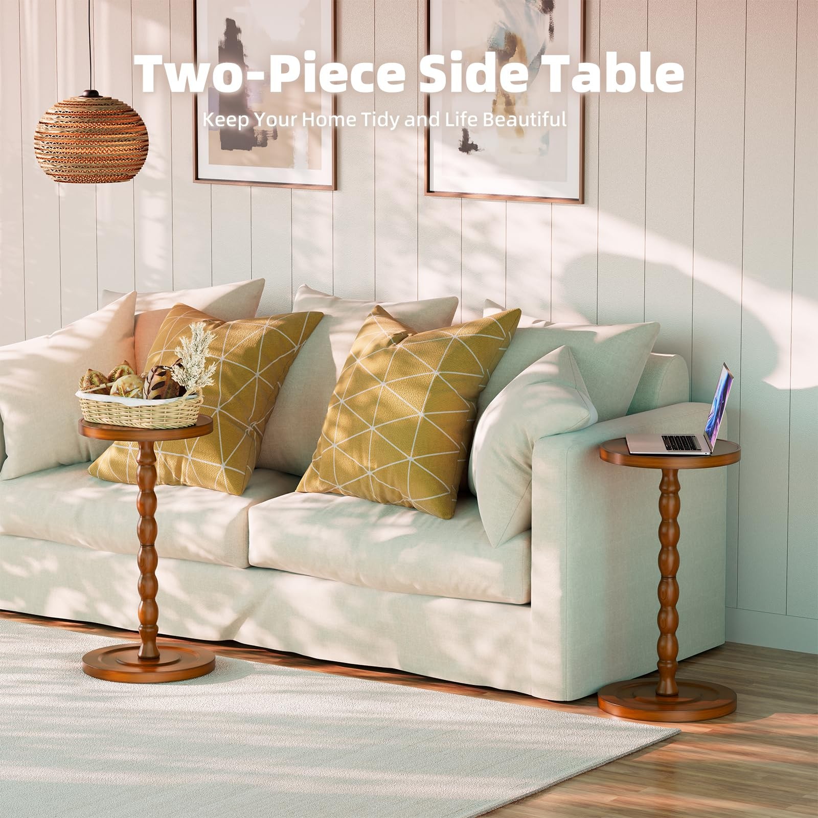 Small Round Drink Side Table Pedestal Coffee Table Small Spaces Rustic Brown