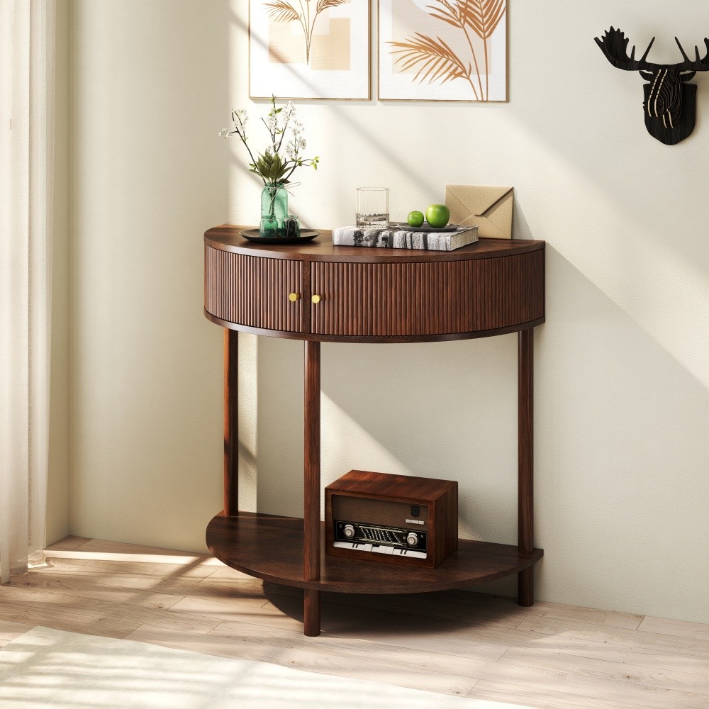 Side Table Wood Grain Finish Handcrafted Features Two Drawers Bottom Shelf