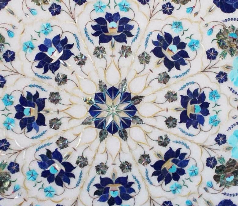 18″ Marble Side End Table Top Turquoise Lapis Floral Inlay Handmade Work