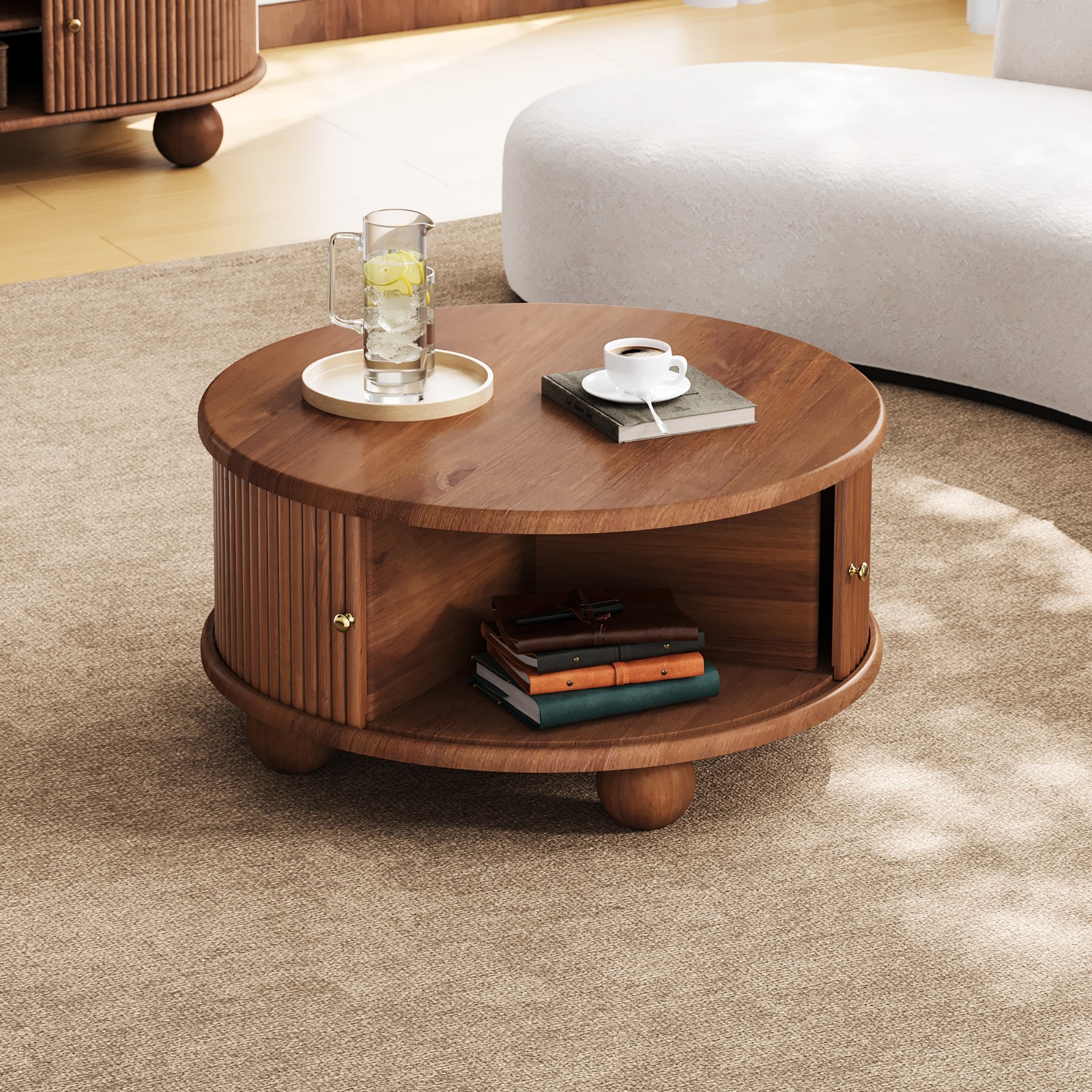 Round Solid Wood Coffee Table Center Table With Hidden Compartment Sliding Door