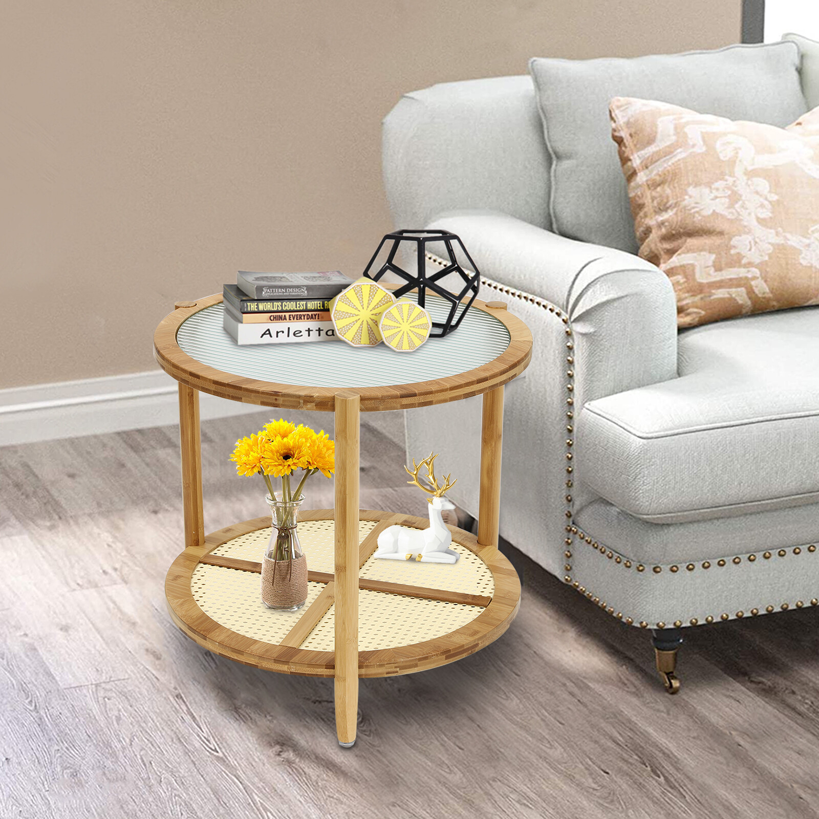 Round Coffee Table,Wood Living Room Table 2 Tiers Indoor End Table Free Standing