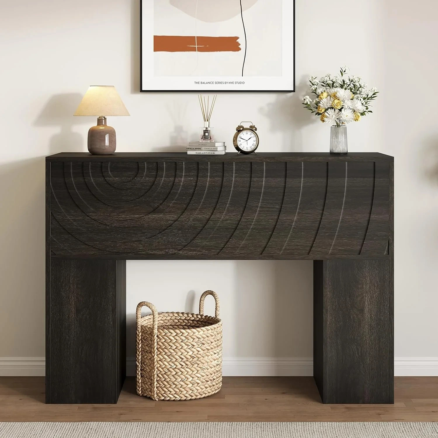 43″W Farmhouse Wood Console Table with Unique Carved Design for Entryway Black