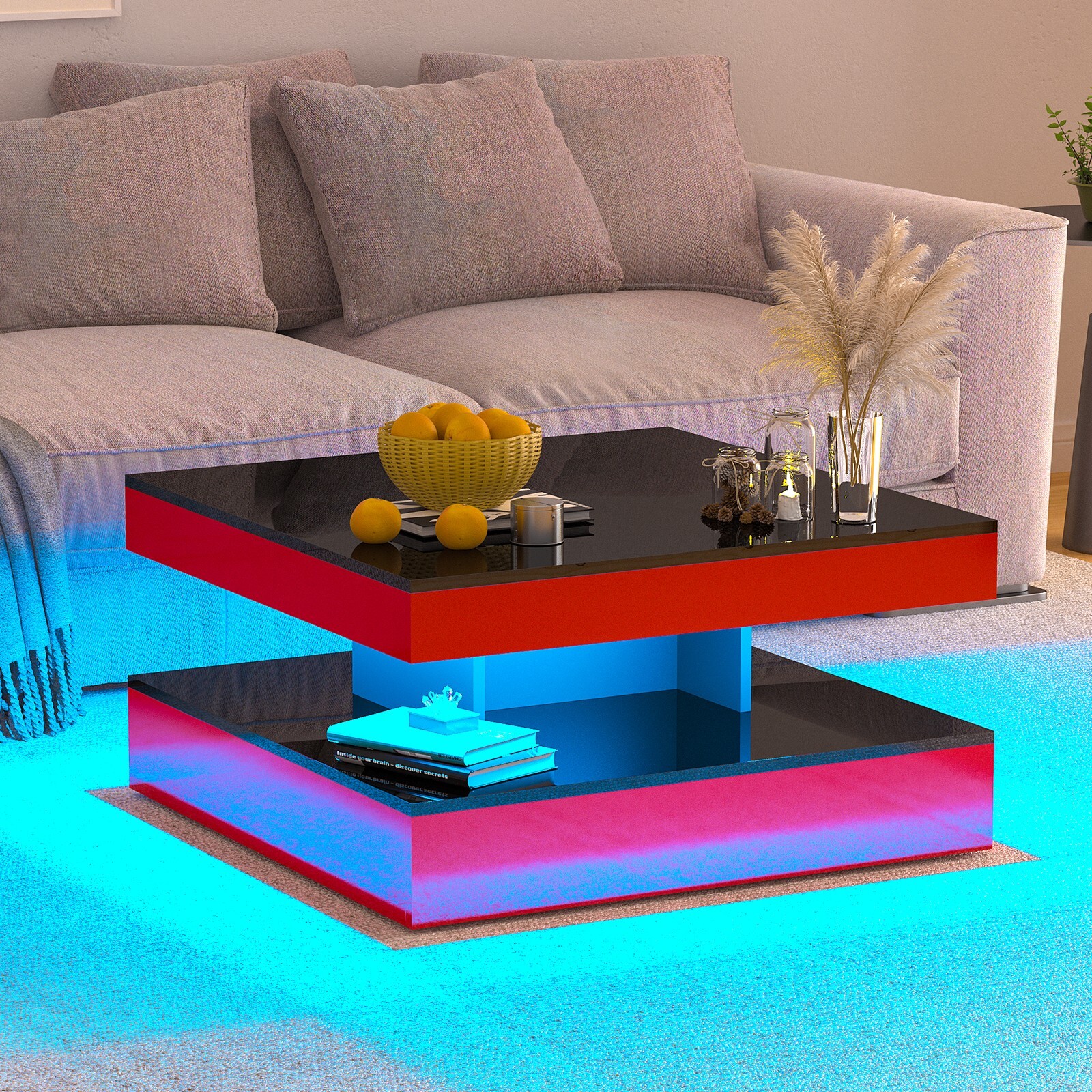 Red LED Coffee Table for Living Room 2-Tier Square Center Table Modern High Glos