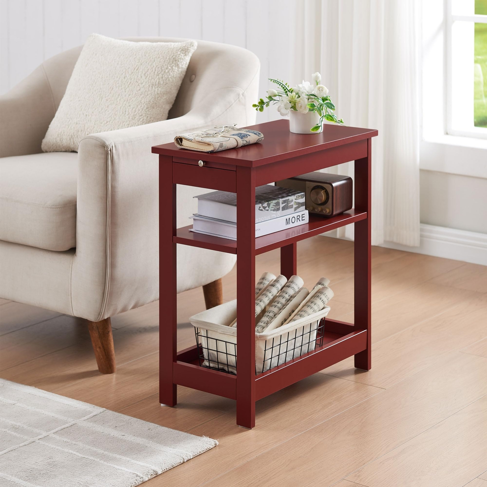 Kings Brand Furniture – Slim Side End Table with Shelves & Pull-out Tray, Red