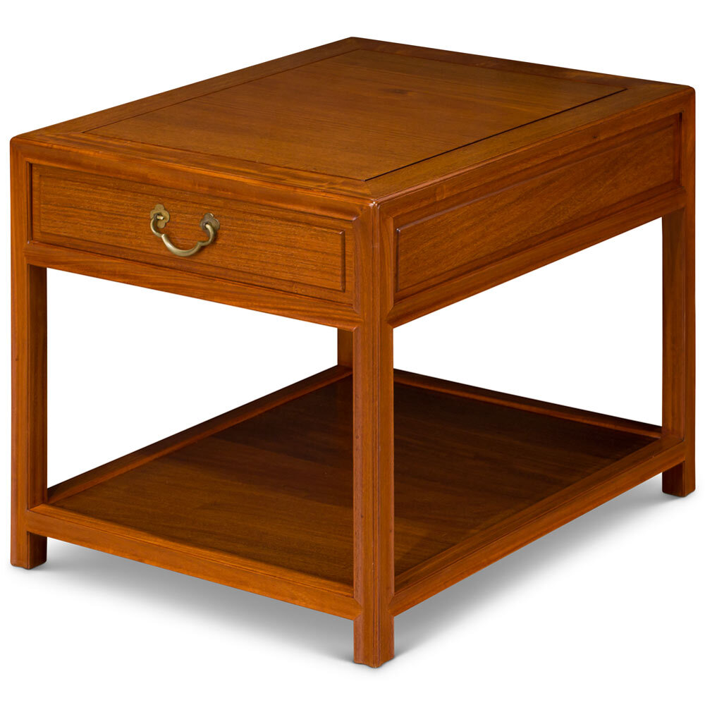 US Seller – Natural Finish Rosewood Lamp Table with Drawer and Shelf