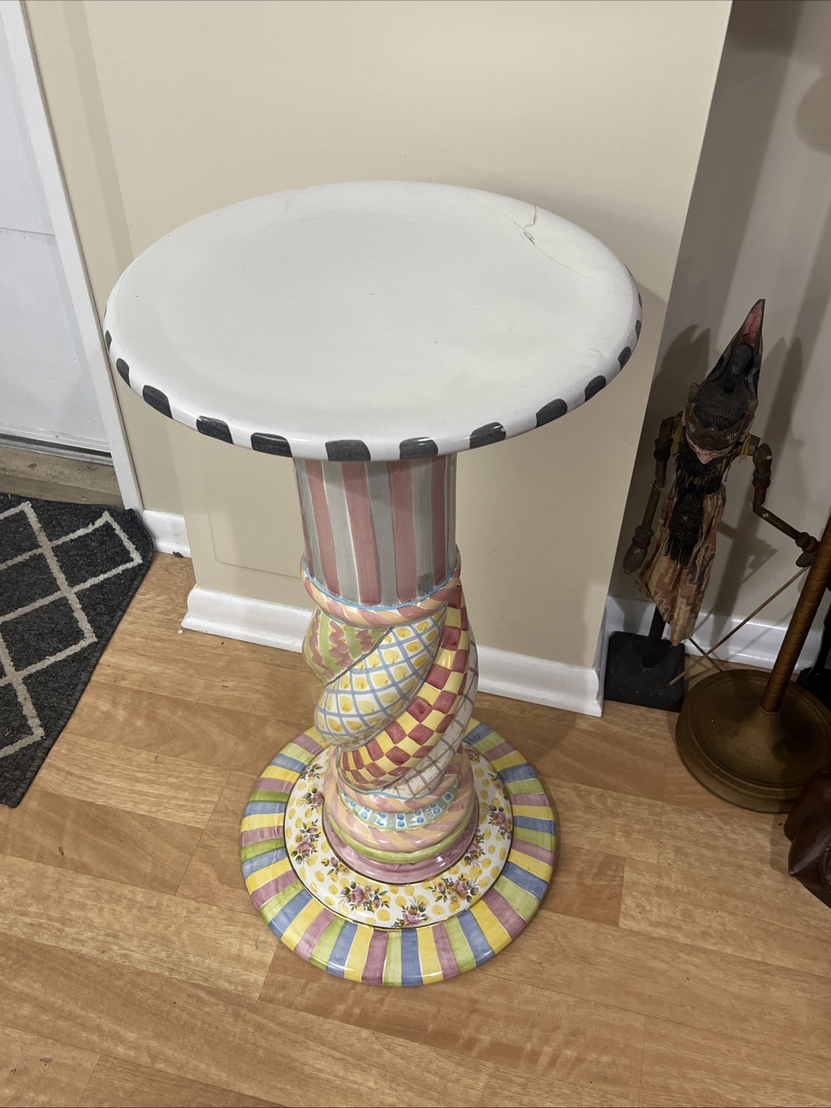 Mackenzie Childs Unique Round pedestal, Plant Stand, Side Table 33” Tall