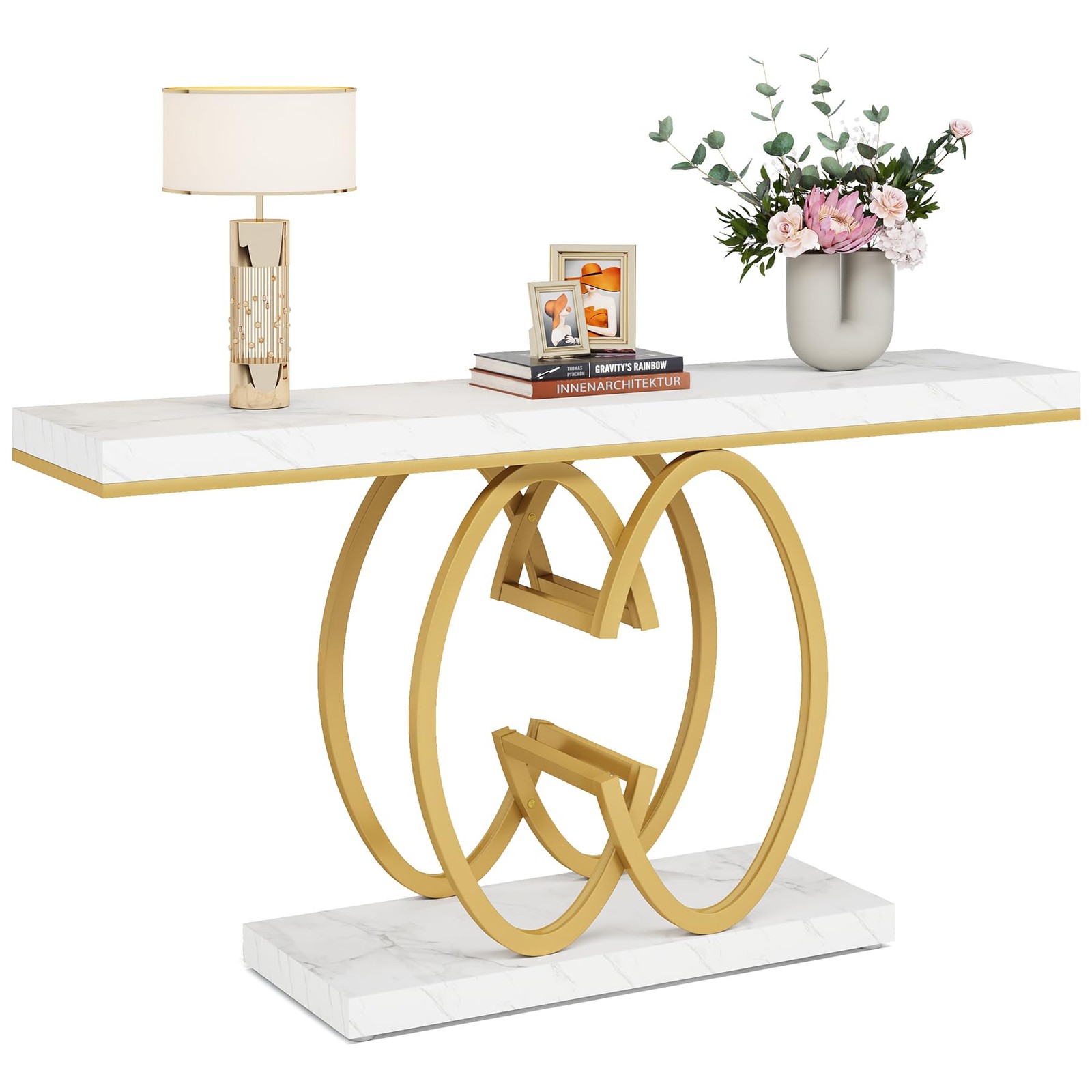 55″ Console Table for Hallway, Faux Marble Gold Entryway Table w/Geometric Metal