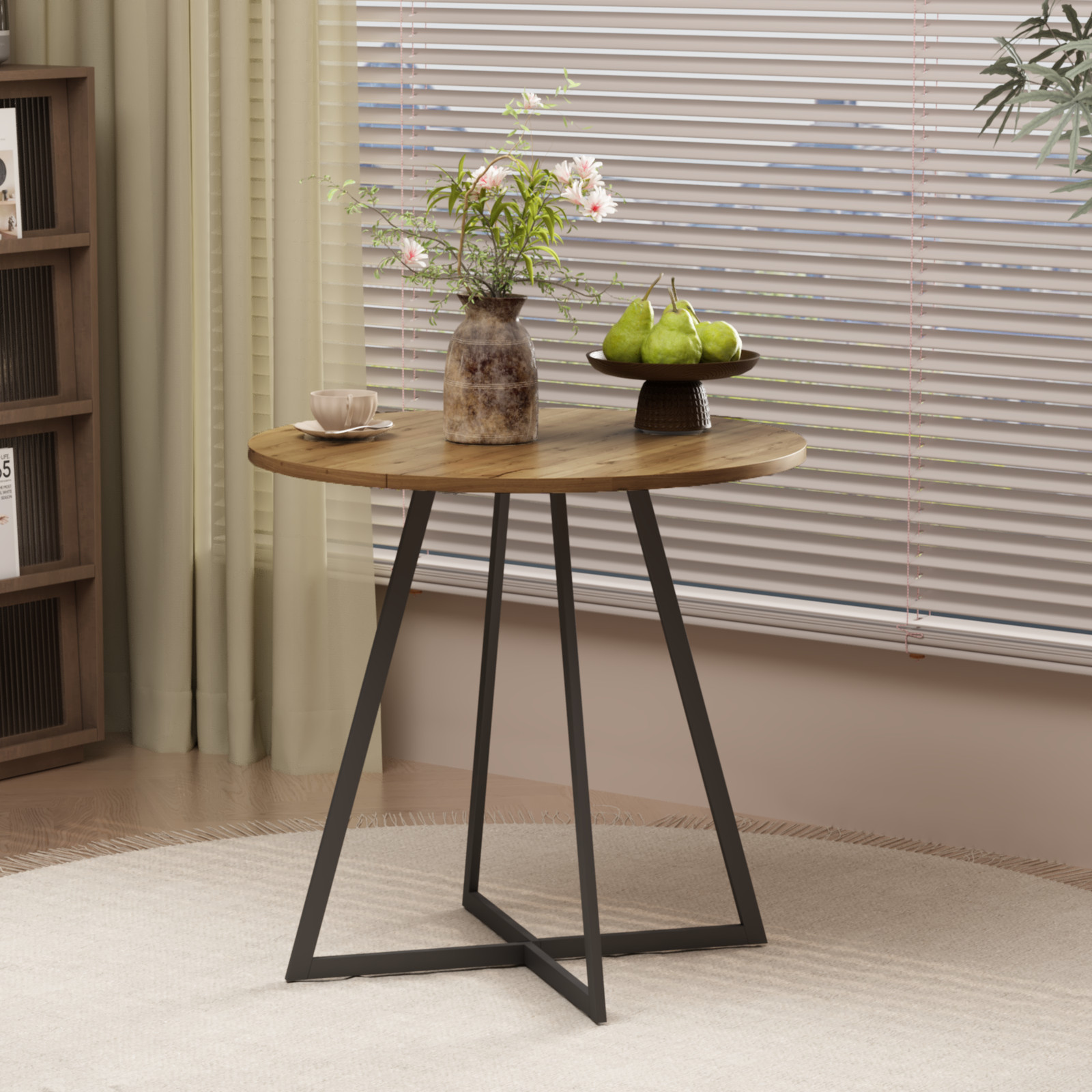 31.5 Inch Round Dining Table Brown MDF Top Black Metal Legs