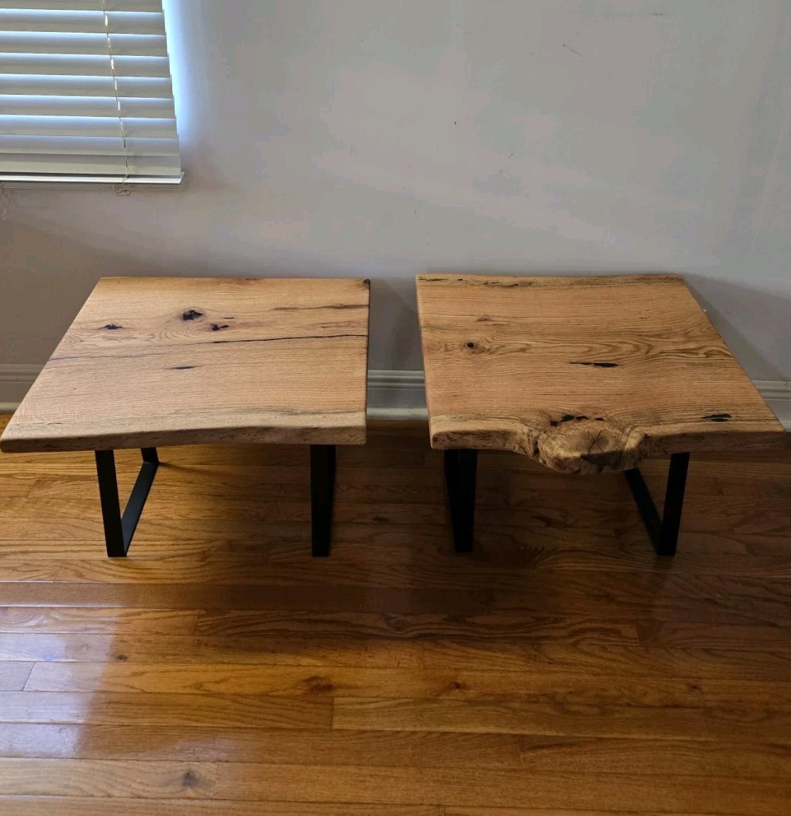 Set of 2 Live Edge White Oak Rectangular End Tables w/ Black Metal Legs 24x22x17