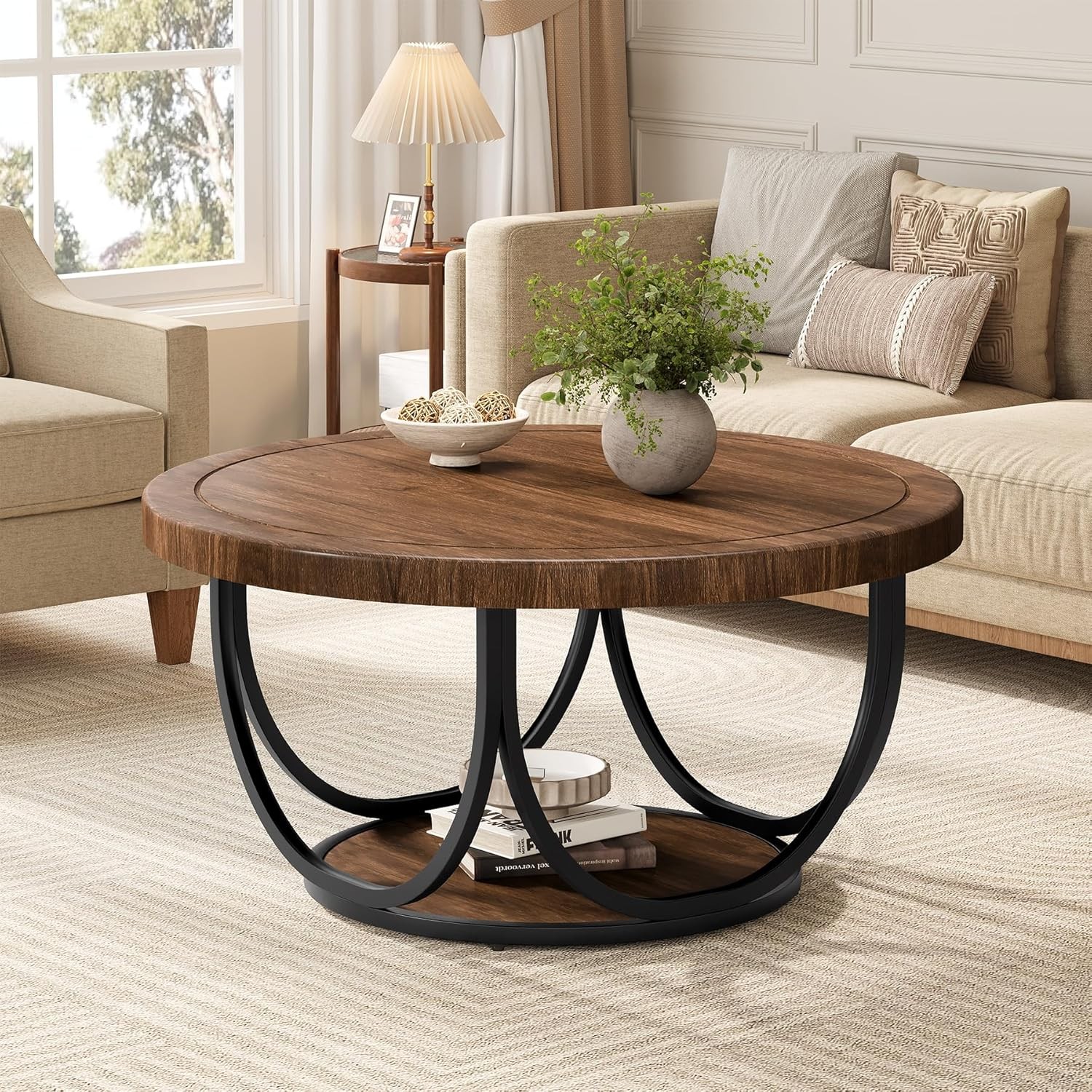 31.5” Round Coffee Table Wooden Circle Accent Cocktail Table with Storage Shelf