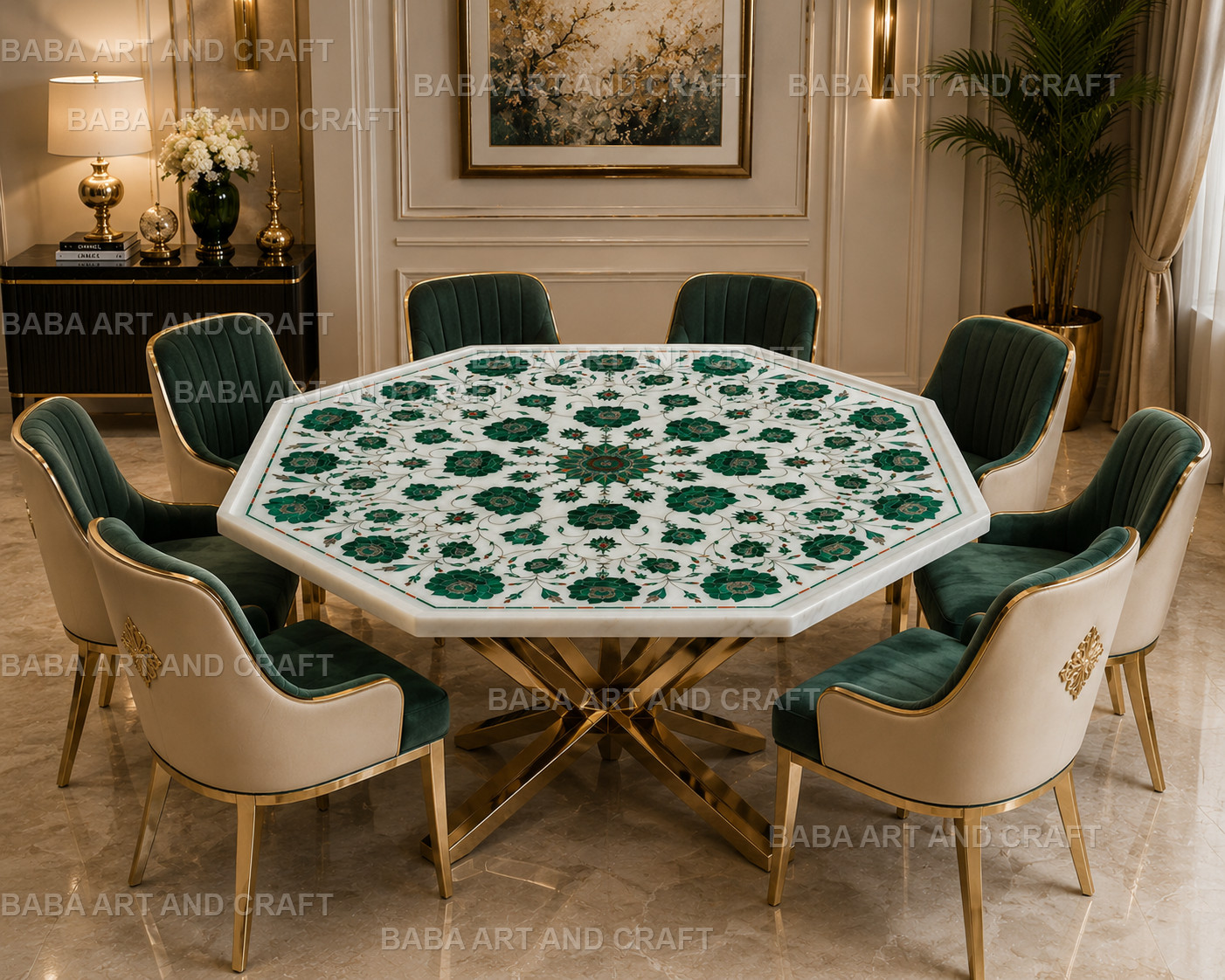 Handmade Marble Inlay Table Top – Green Floral Stone Art Center Table Luxury