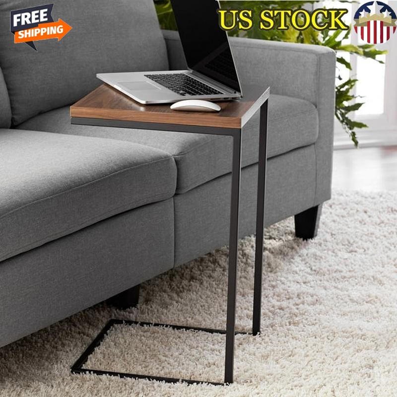 C-Shape Metal End Table Rectangle Any Room Small Space Canyon Walnut Finish Hot