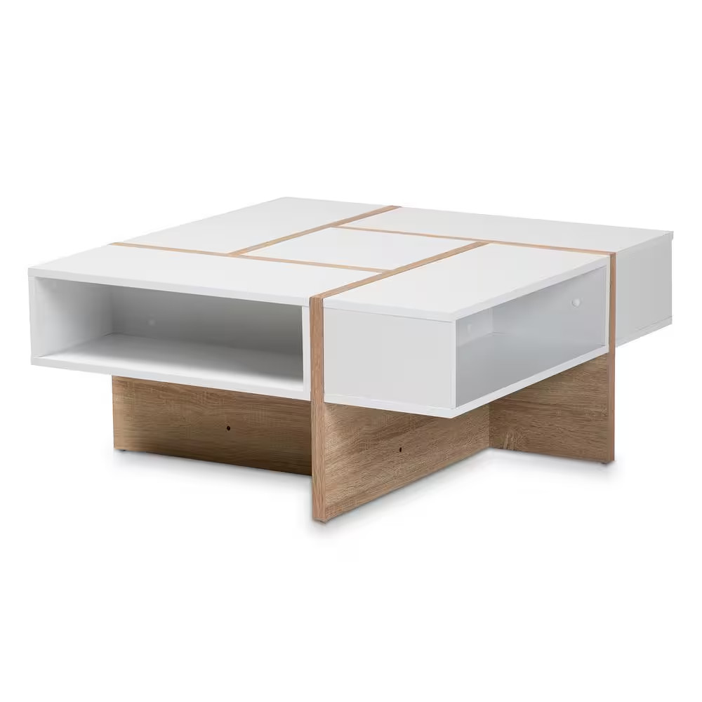 Rasa 35 In. White/Oak Medium Square Wood Coffee Table with Shelf