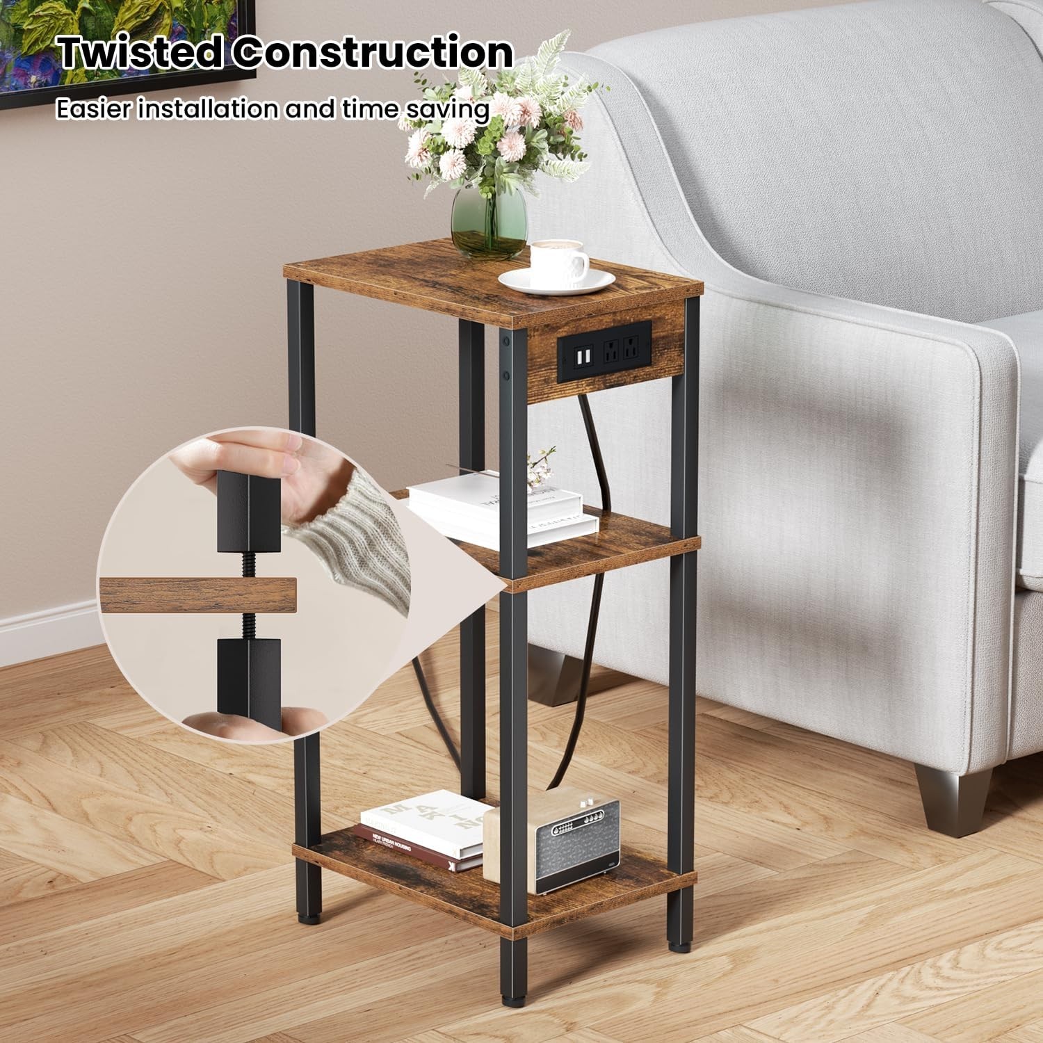 Side Table with Charging Station Narrow End Table Storage Bedside Nightstand
