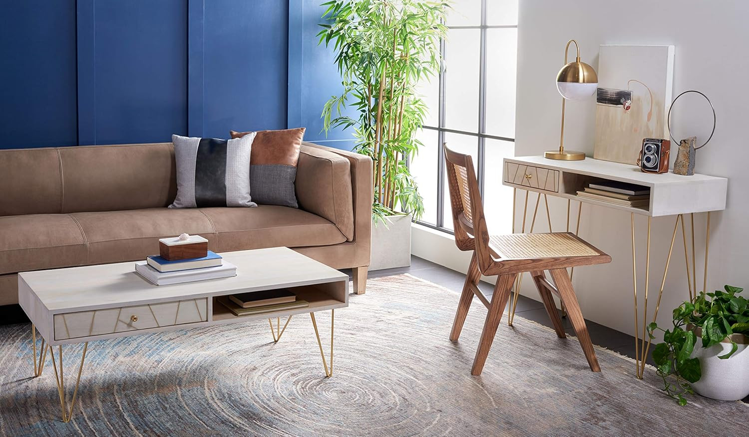 Mid-Century White Wash Coffee Table with Brass Hairpin Legs – Marigold Collectio