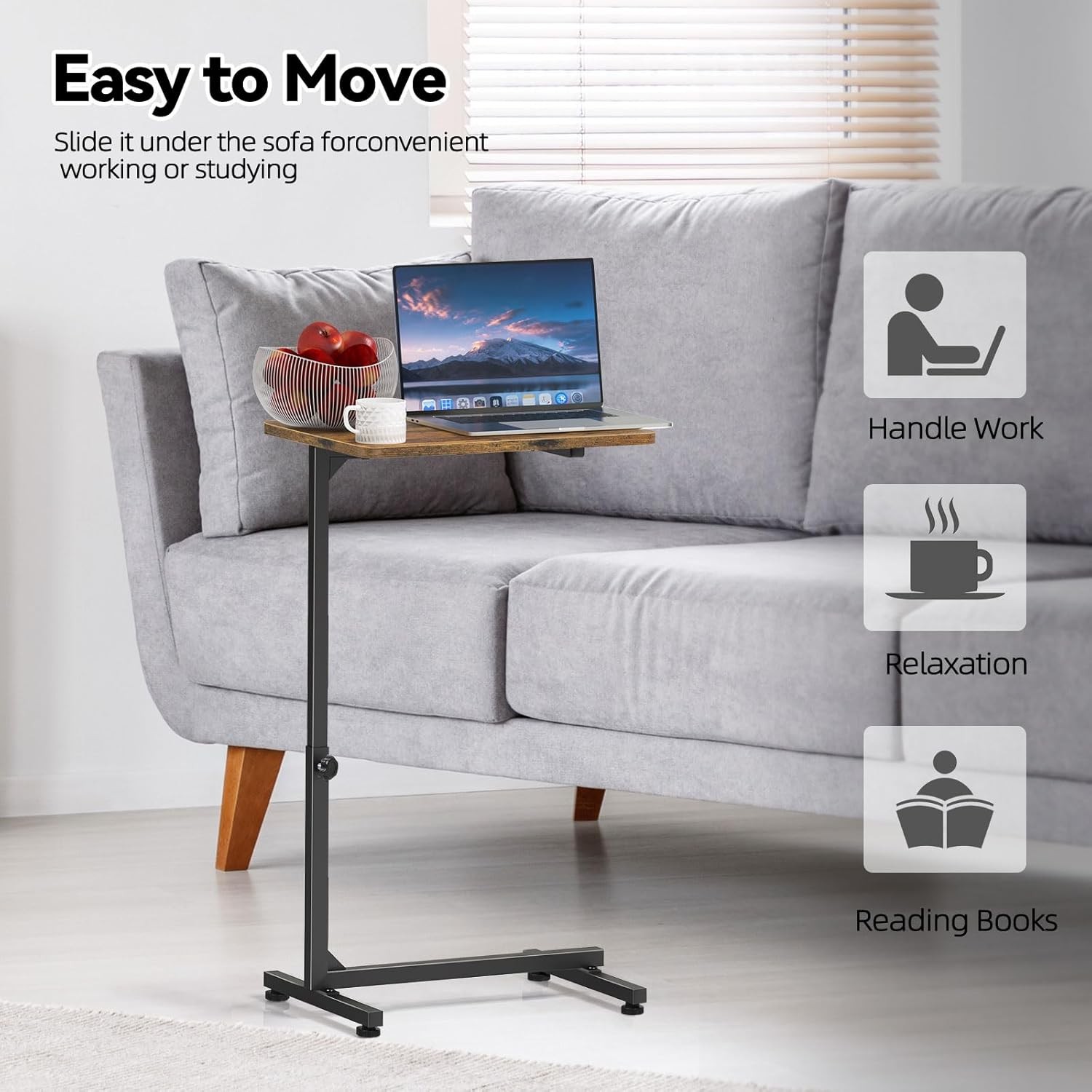 C Shaped Side Table Adjustable Height, Small End Table for Couch Bedroom, Brown