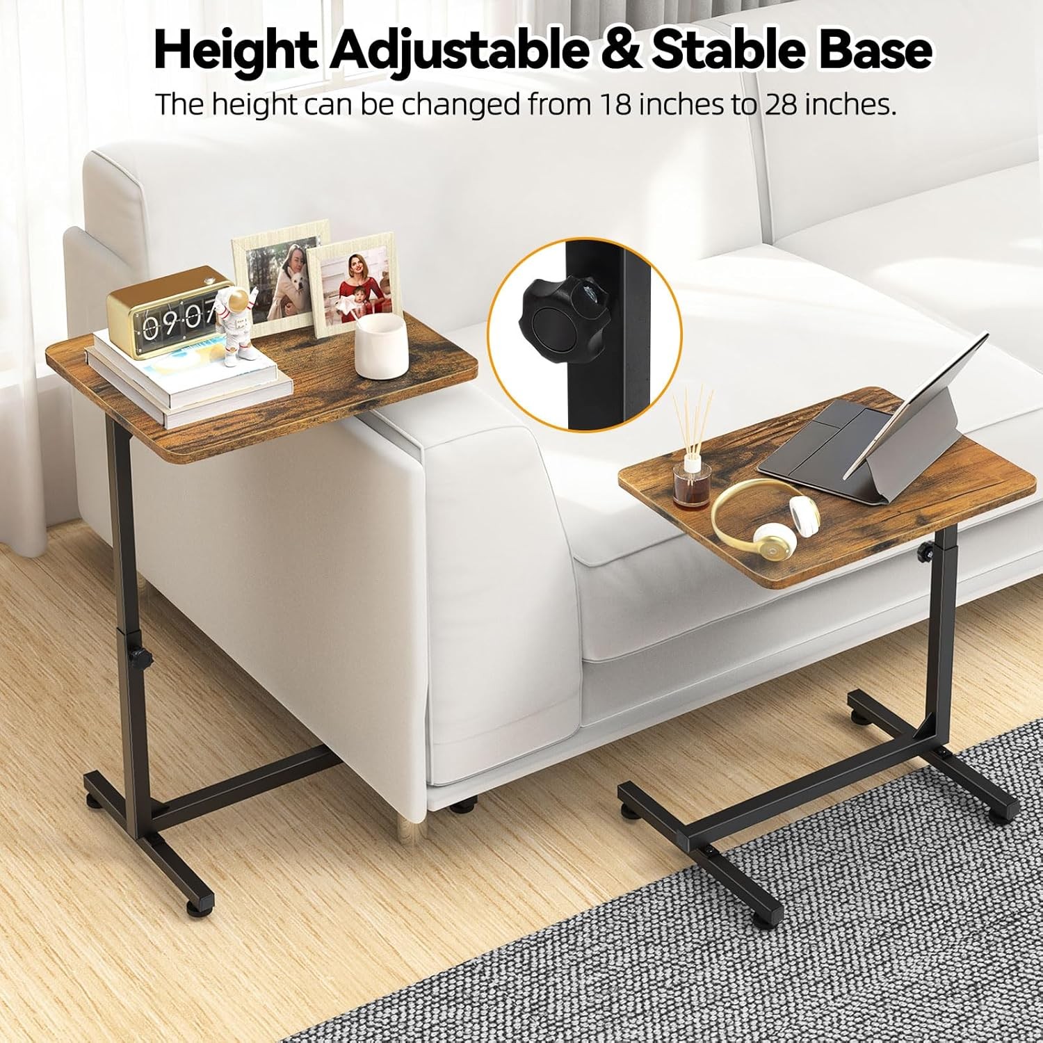 C Shaped Side Table Adjustable Height, Small End Table for Couch Bedroom, Brown