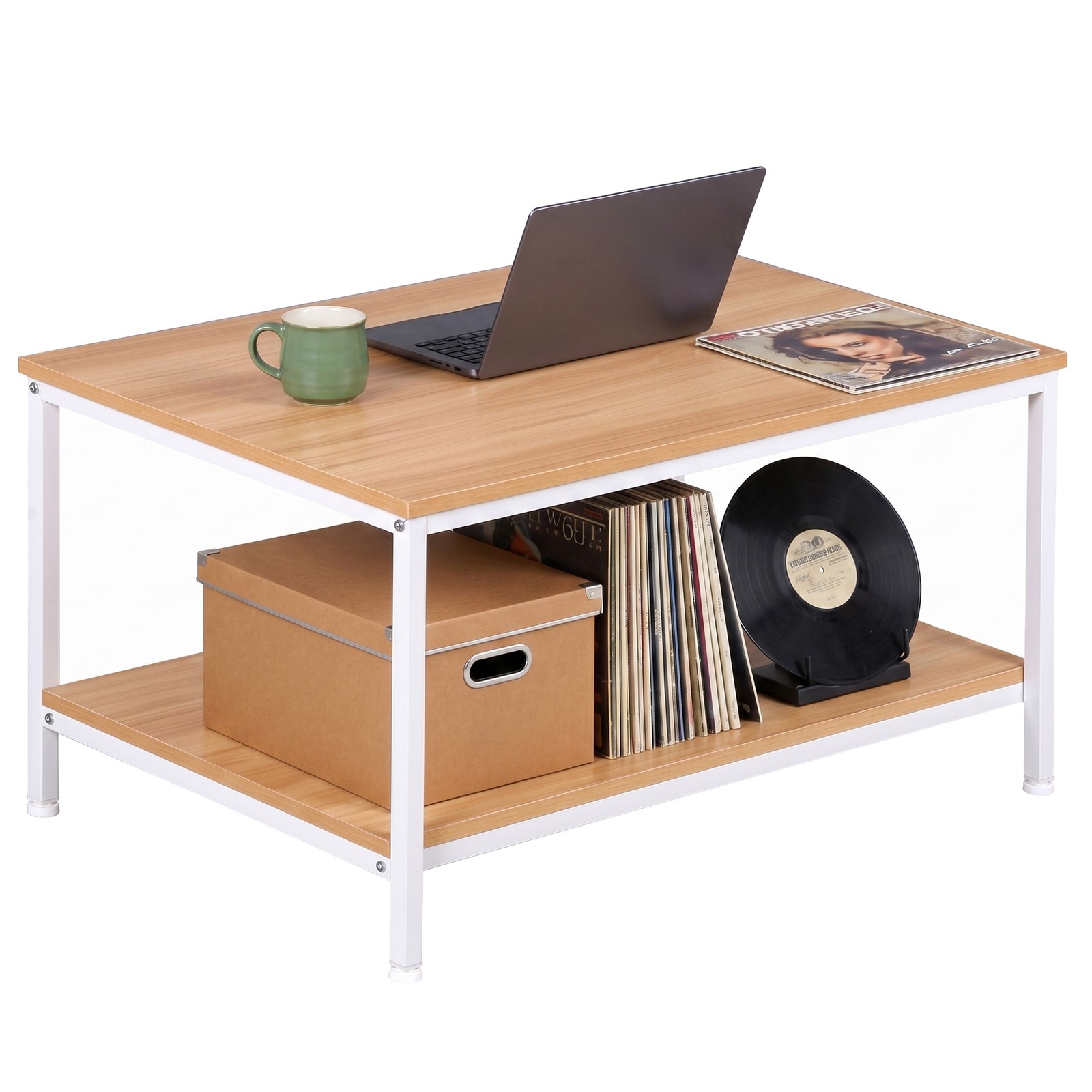 Natural Wood Tone 2-Tier Coffee Table Rectangular Wood Side End Table w/Storage