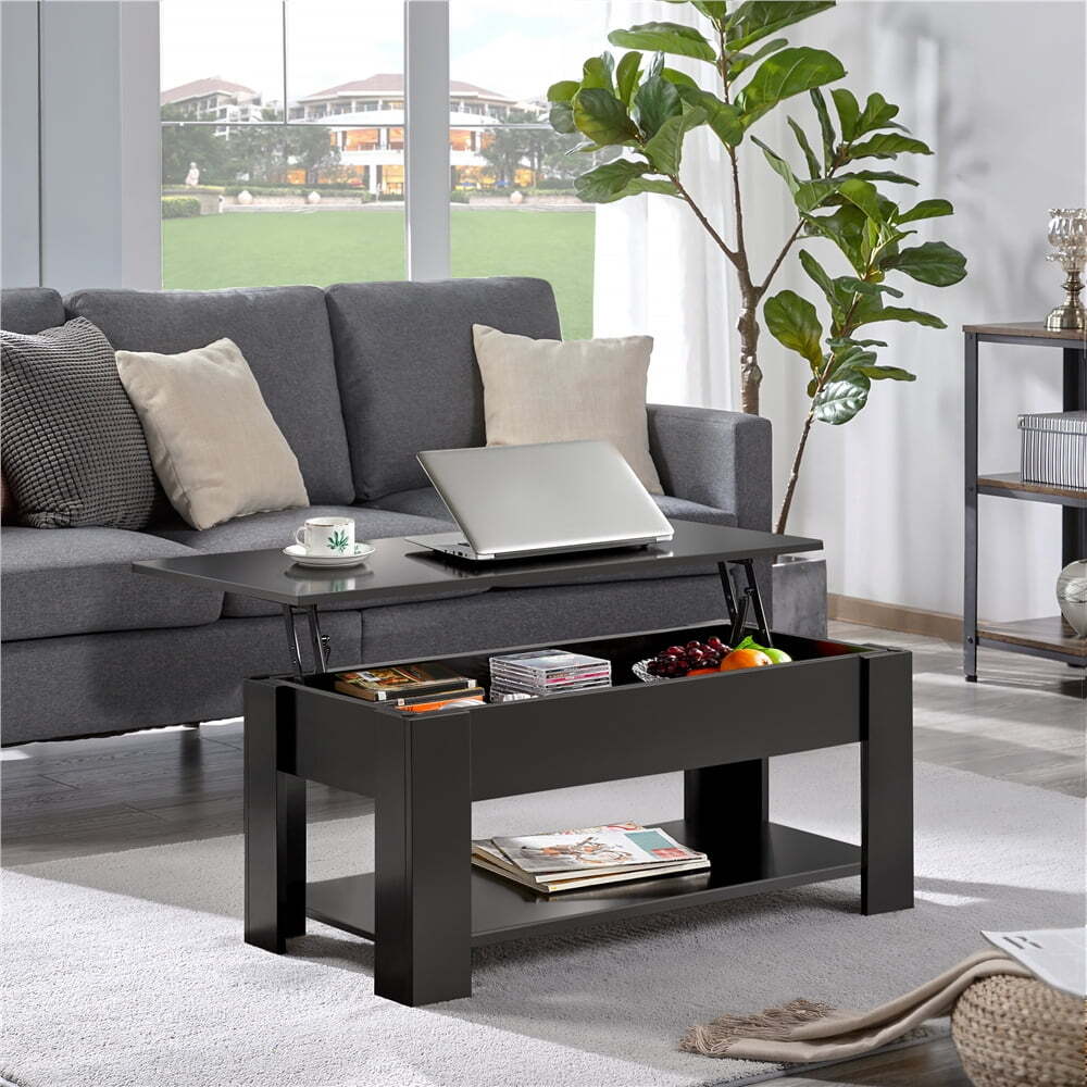 Black Modern 39In Lift Top Coffee Table, Hidden Compartment & Storage