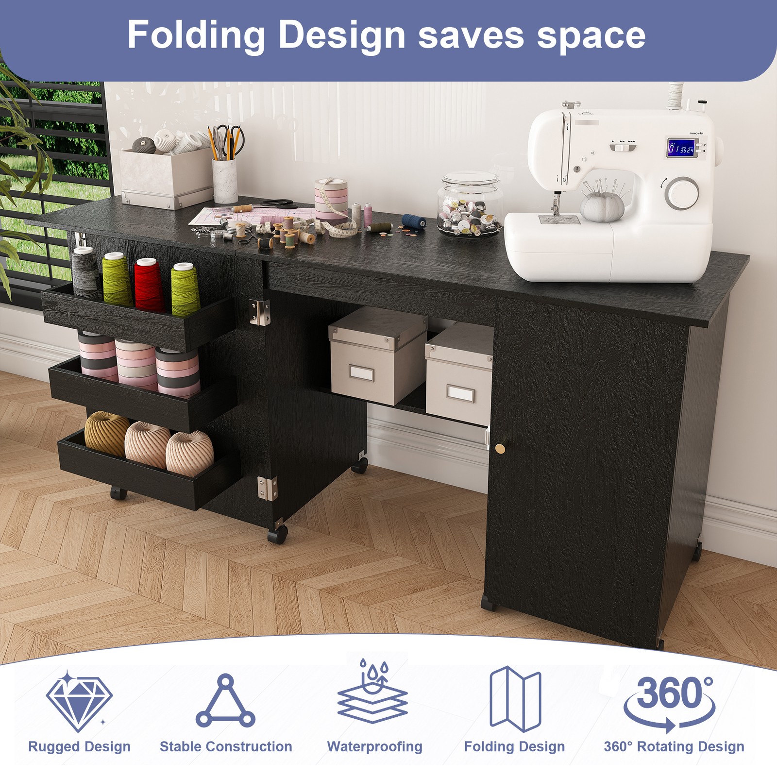 Foldable Sewing Machine Table with Locking Casters 57.5 Inch Black Craft Station