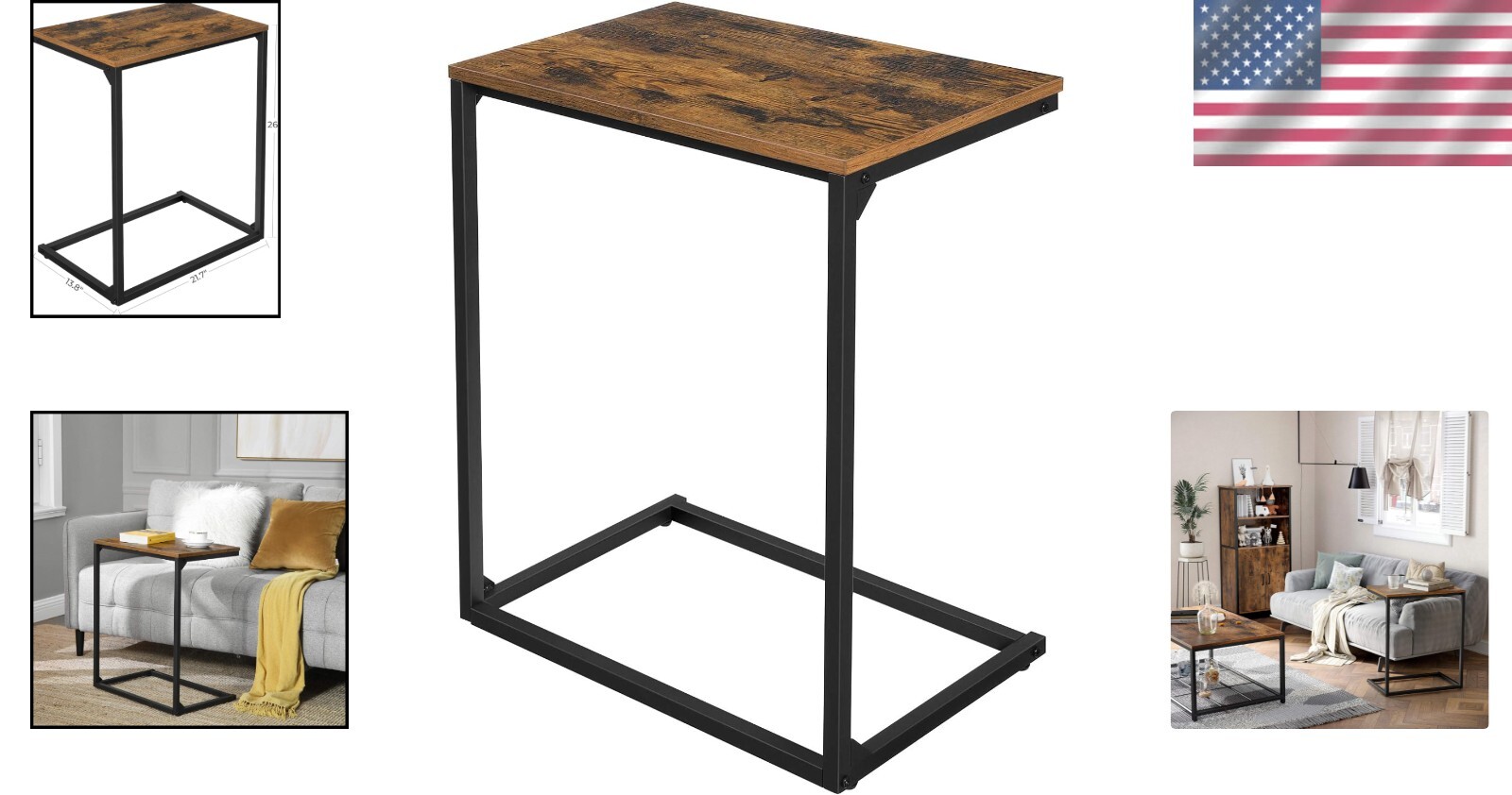 Industrial C-Shaped Coffee Table with Adjustable Feet – 13.8 x 21.7 x 26 Inches