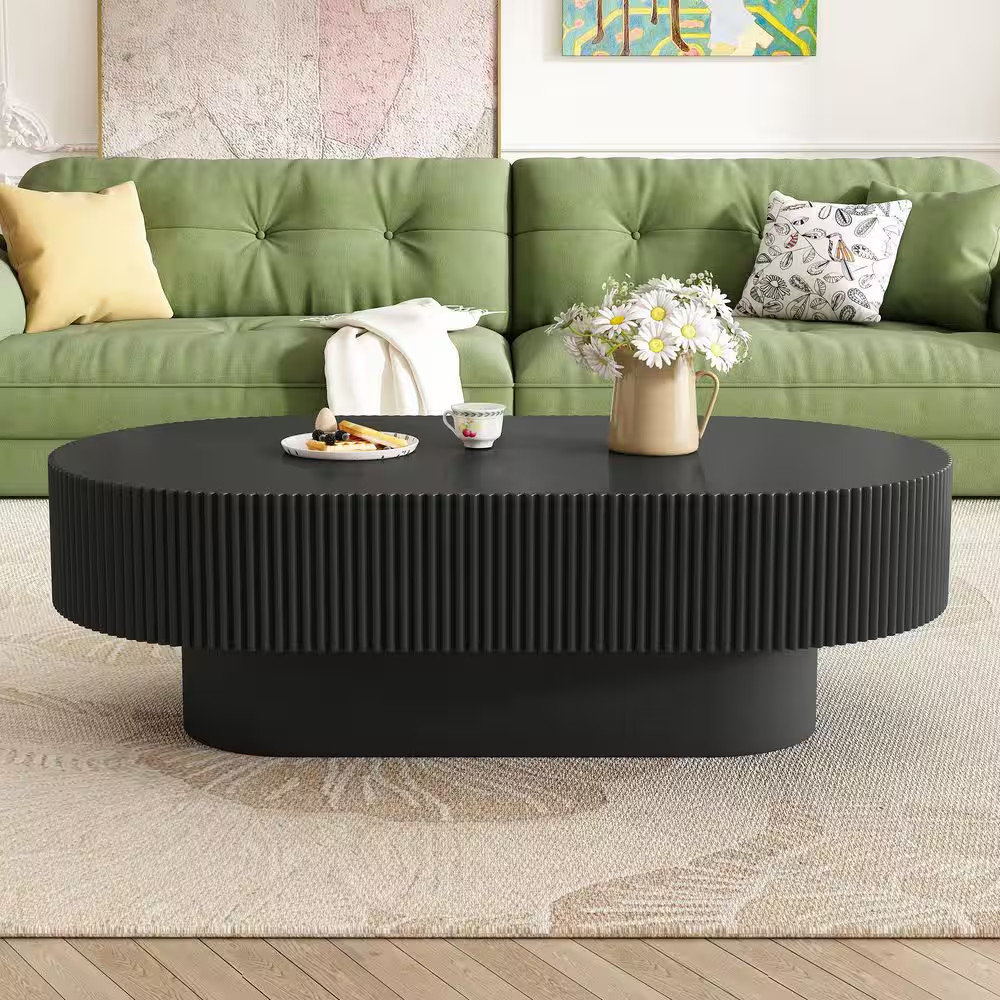 43.3 In. W Black Oval Wood Coffee Table with 6.8″ Thick Tabletop, Modern Drum En
