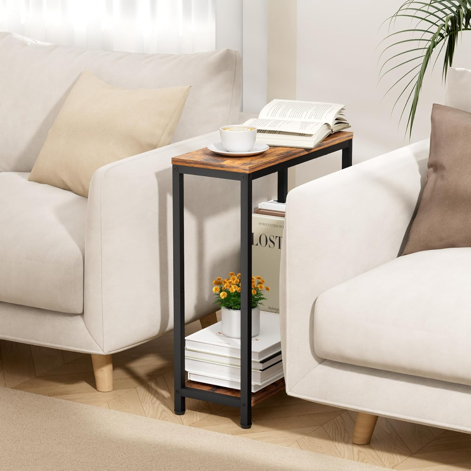 Narrow Small Side Table for Small Space, 2 Tier Sofa Skinny End T