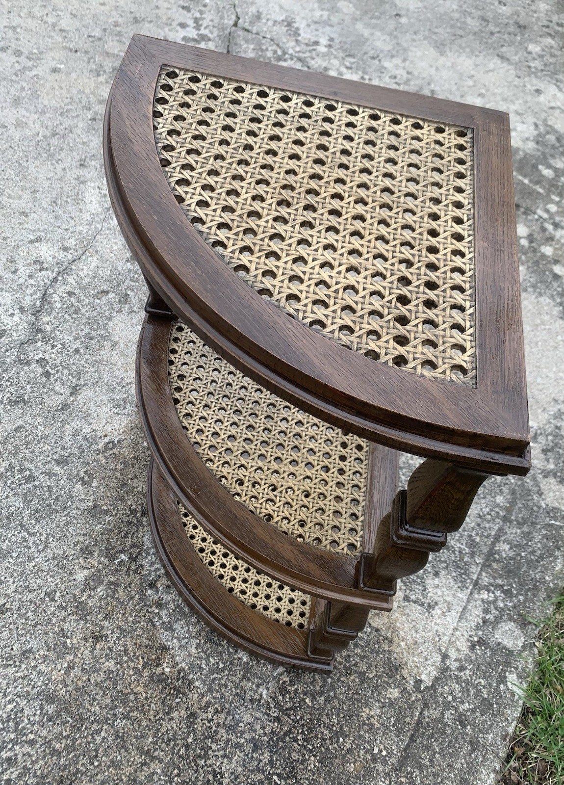 Vtg 1970 3 Tier Side/End Corner Table Plastic Faux Wood Whicker Cane Plant Stand
