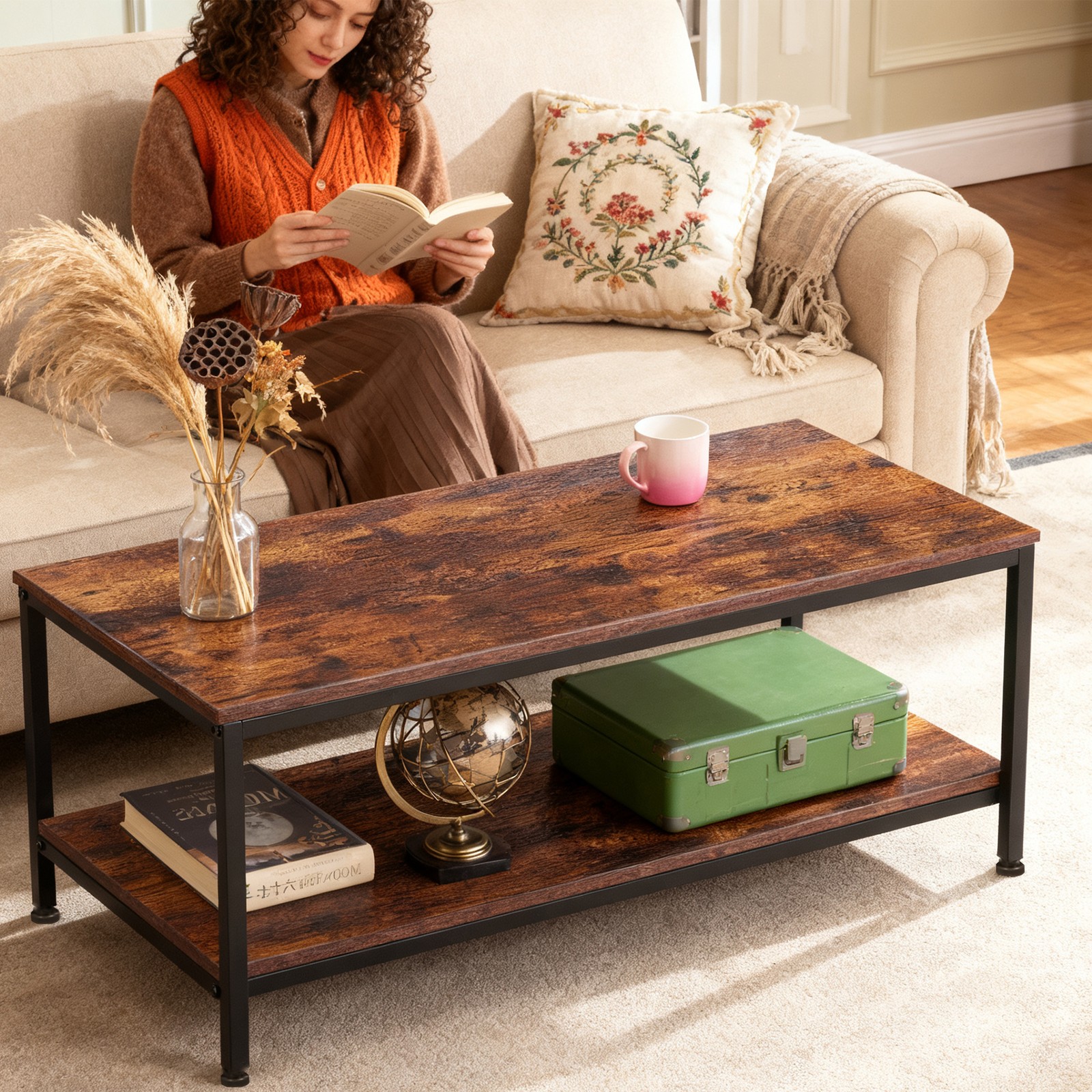Rustic Brown Coffee Table for Living Room 2-Tier Coffee Tables With Storage