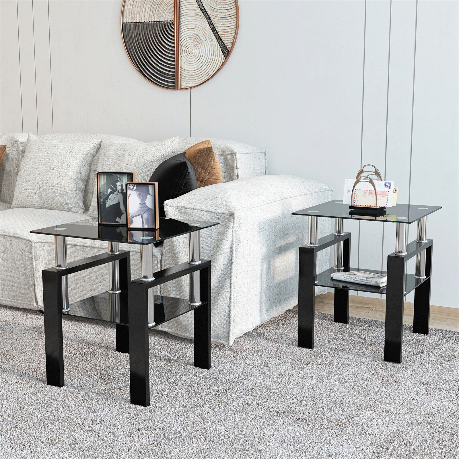 Modern Tempered Glass Set of 2 Coffee Table Tea Table Square Table End Table