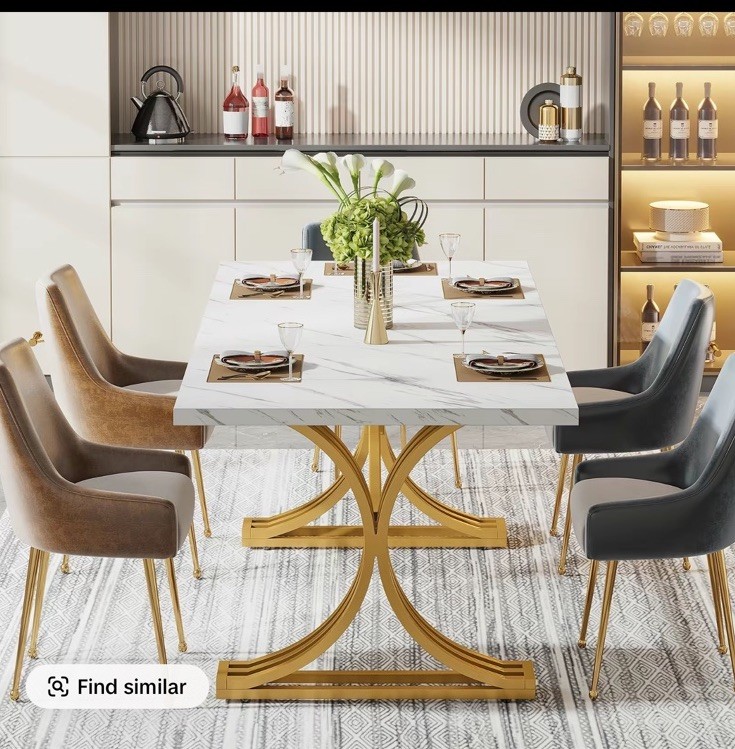White/Gold Glossy Rectangular Dining Table 70x34x30 in, Adjustable Feet