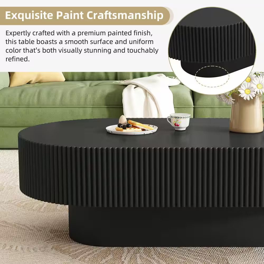 43.3 In. W Black Oval Wood Coffee Table with 6.8″ Thick Tabletop, Modern Drum En
