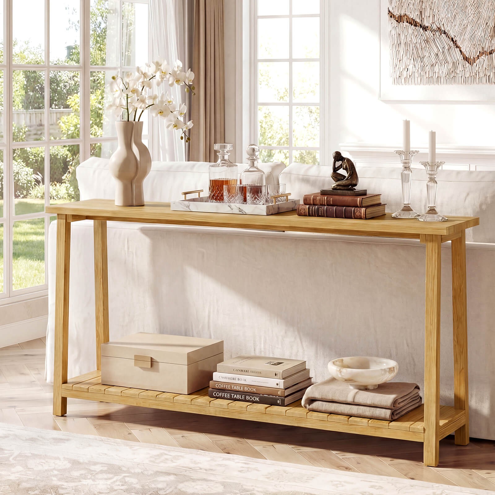 71″ Solid Wood Large Console Table,2-Tier Farmhouse Sofa Table w/Teak Wood Frame