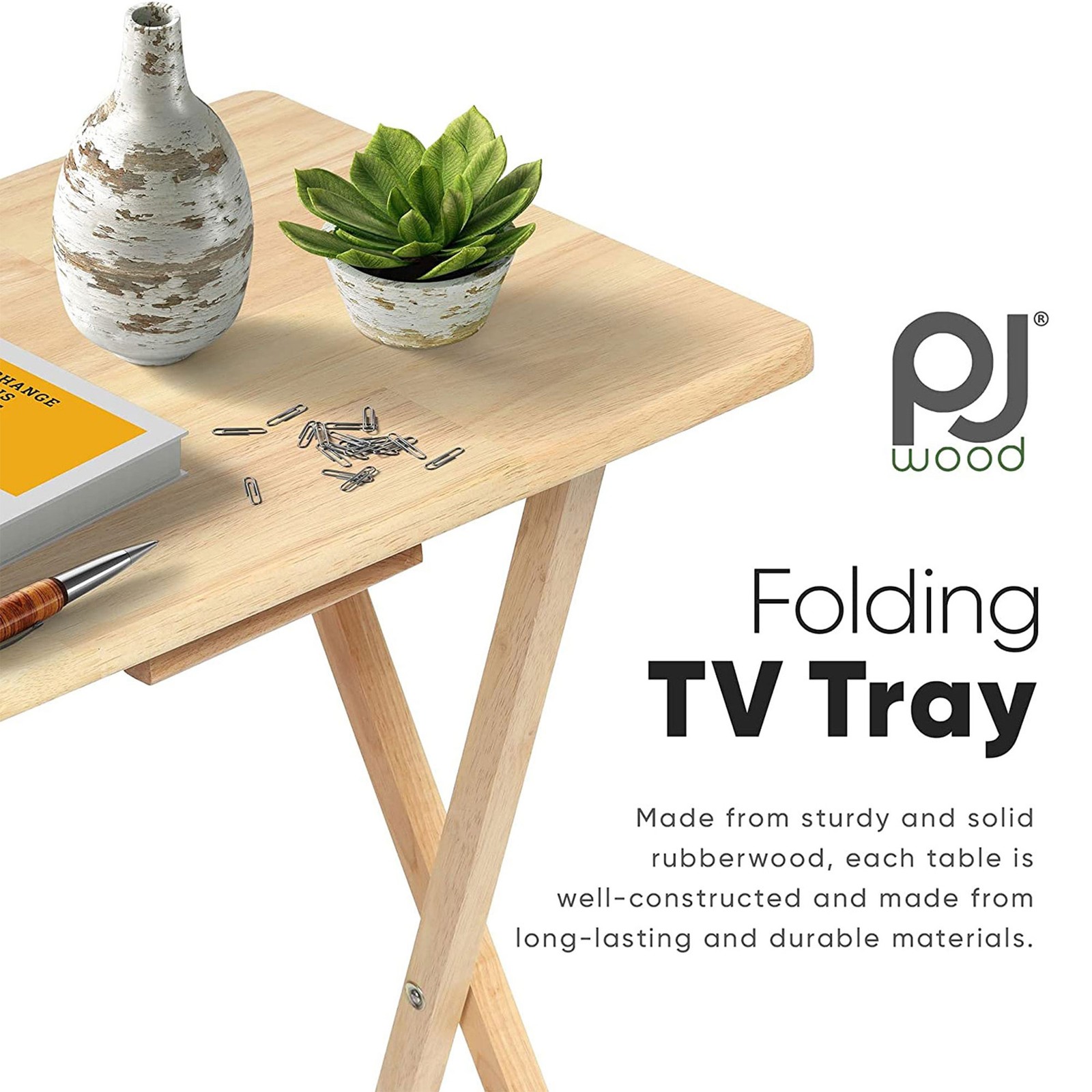 PJ Wood Folding Portable TV Snack Tray Table with Natural Finish (10 Piece Set)