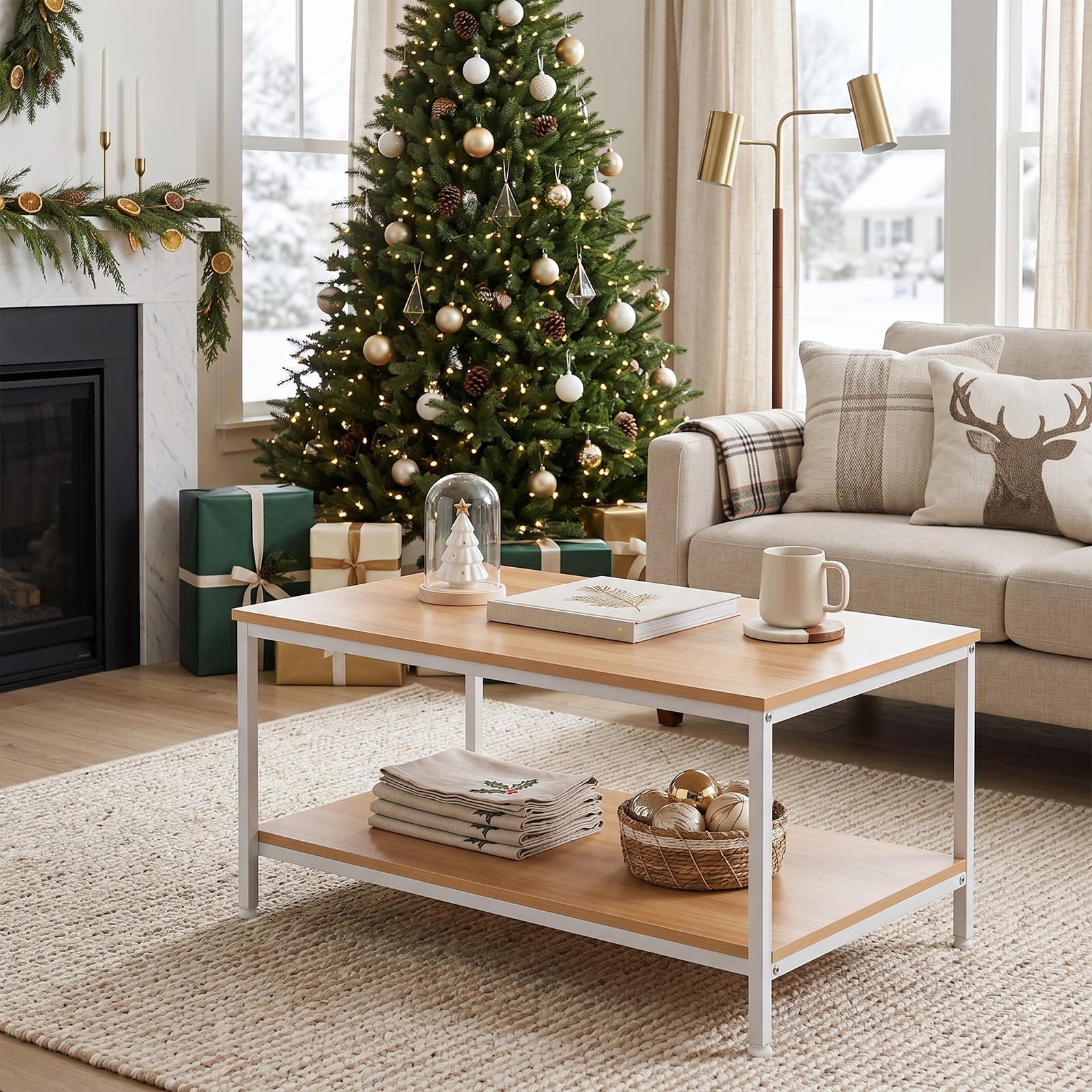 31″ Natural Wood Coffee Table Rectangular Coffee Table w/Storage Shelf Durable