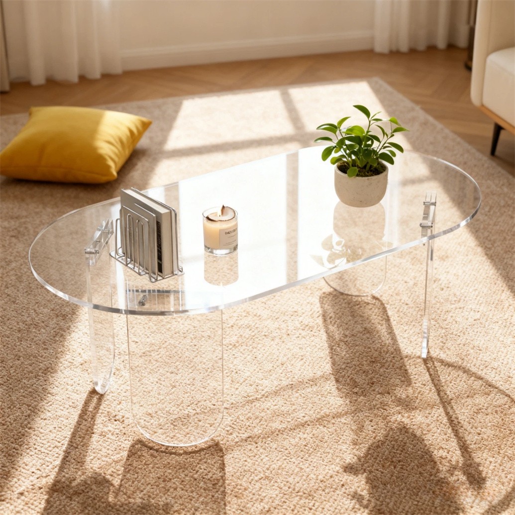 Long Oval Acrylic Coffee Table Transparent Living Room Sofa Table w/ PVC Cover