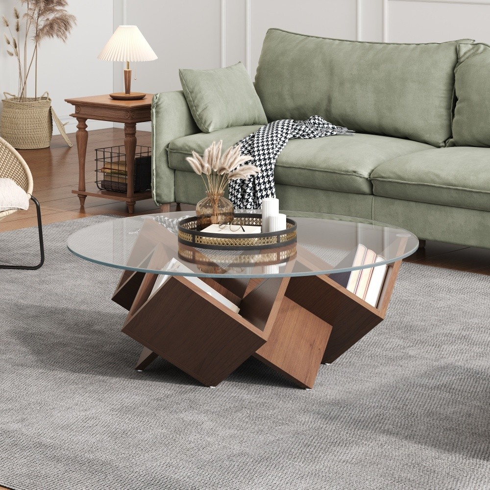 Round Coffee Table with Glass Top, Art Deco Base & Storage Shelves, Walnut