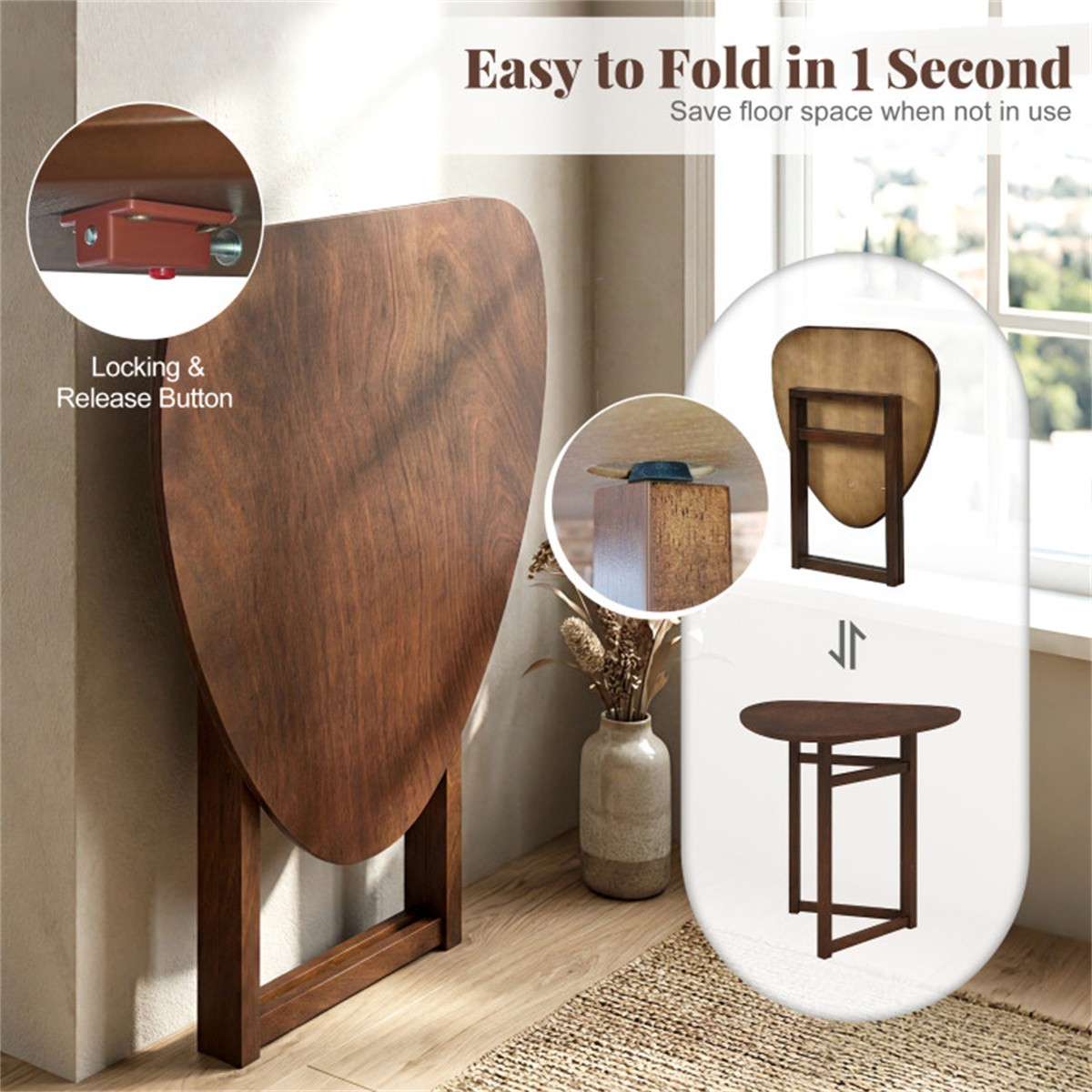 31.5″ Small Folding Dining Table Walnut Solid Wood Foldable Kitchen Table