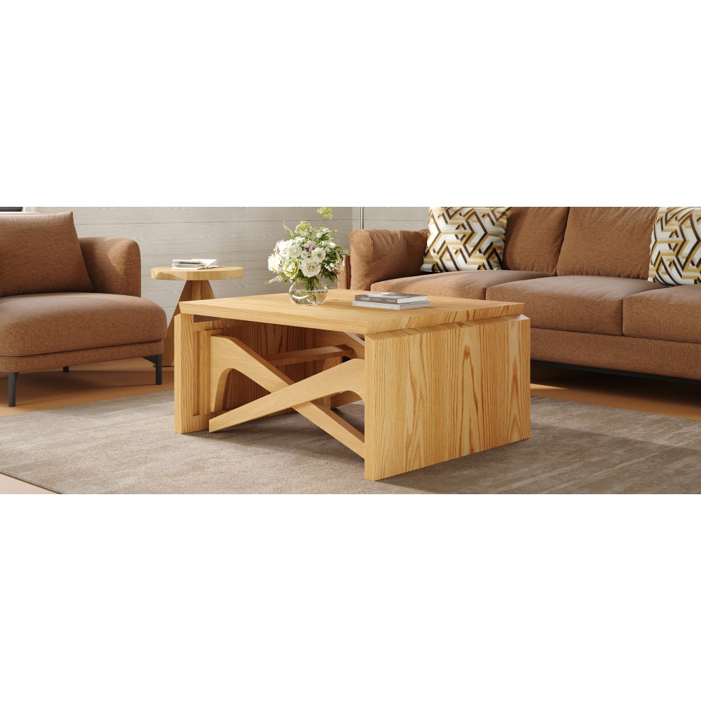 2-in-1 Natural Wood Coffee Table, Transformer to Dining Table, Height Adjustable