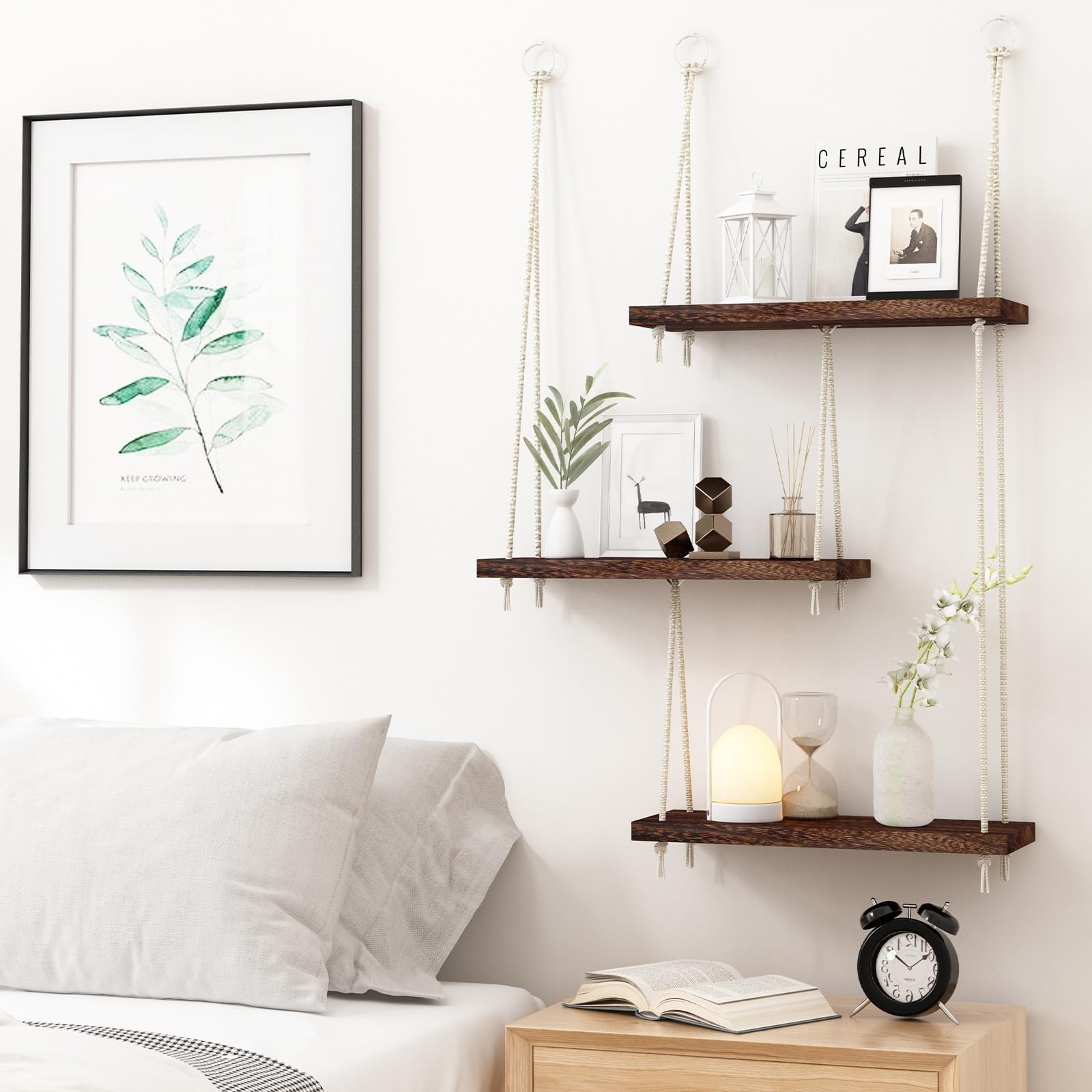 Fixwal Hanging Shelves for Wall, 3 Tier Boho 15.8×5.9×34.8 inches, Dark Brown