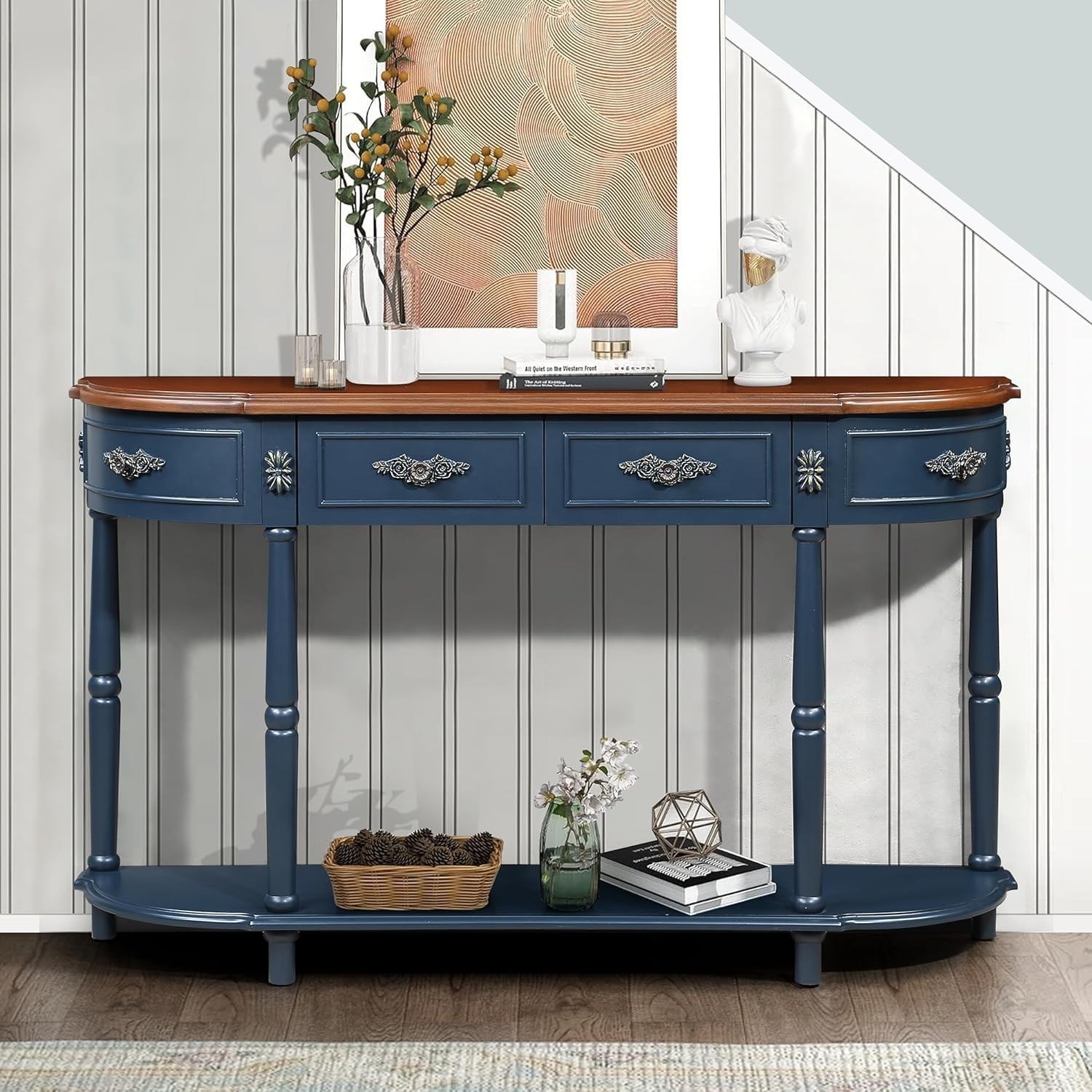 52″ Retro Curved Console Table, Wood Sofa Table with Open Shelf and 2 Drawers