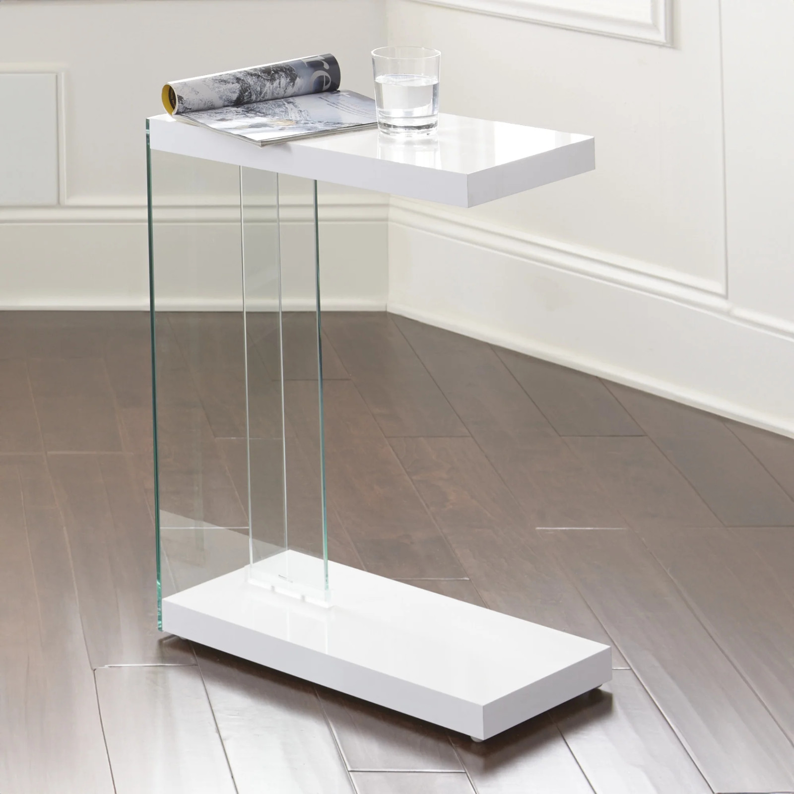 Modern C Shape Glass End Table Glossy White