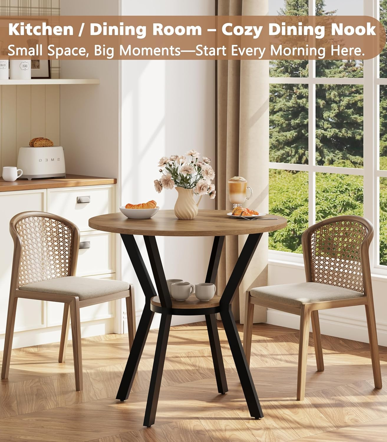 Round Kitchen Tables for 2-4, 31.5″ Small Dining Tables with Storage, Rustic Woo