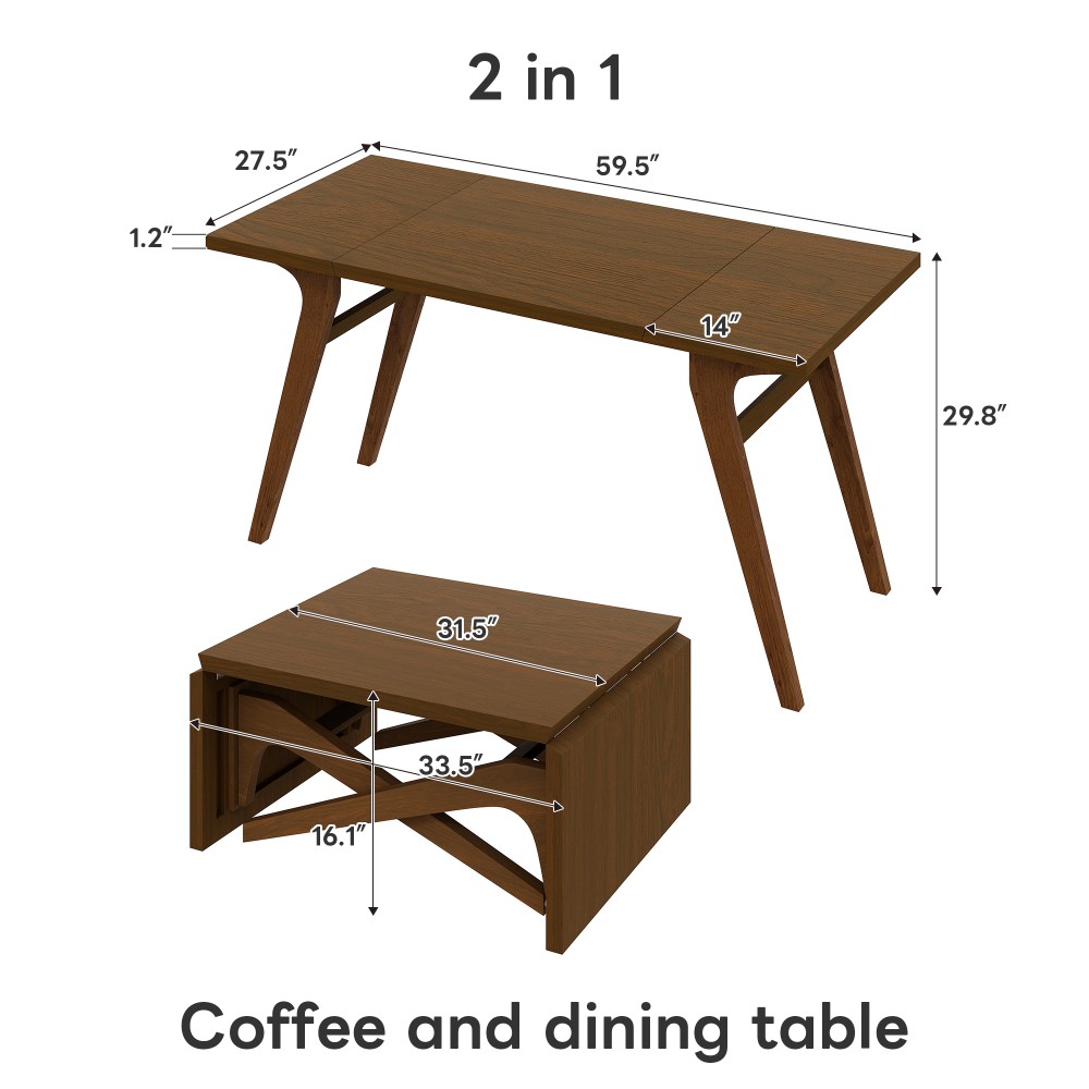 2-in-1 Natural Wood Coffee Table, Transformer to Dining Table, Height Adjustable