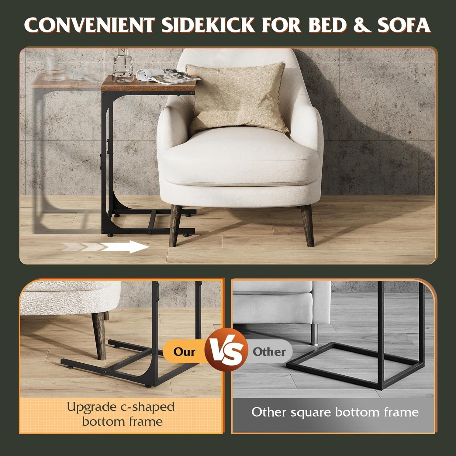 C Shaped End Table in Rustic Brown – Stylish Sofa Side Table for Any Room