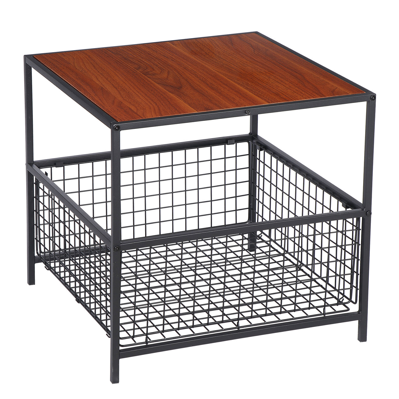 20″ End Table w/ Storage Basket Sofa Coffee Side Table Metal Frame Red Mahogany