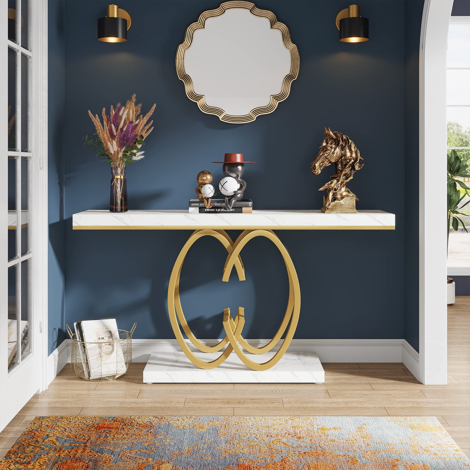 55″ Console Table for Hallway, Faux Marble Gold Entryway Table w/Geometric Metal