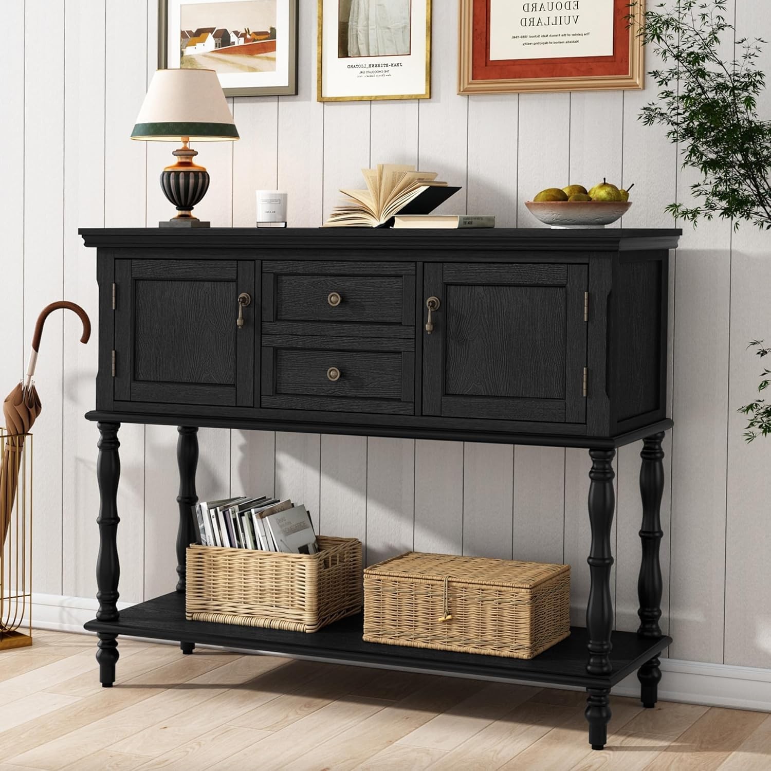 Console Table with 2 Drawers & Cabinets Narrow Long Sofa Table with Open Shelf