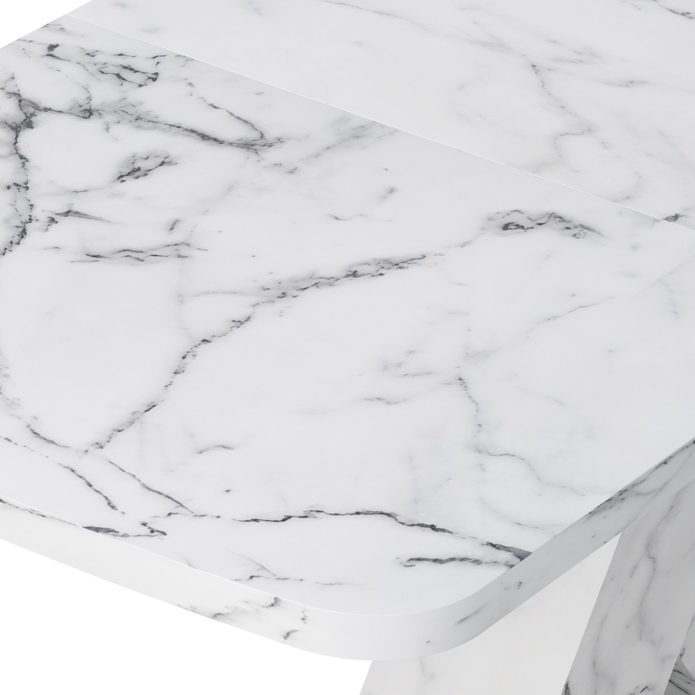 Modern Extending Rectangle Dining Table, Printed White Marble Top, MDF X-Legs